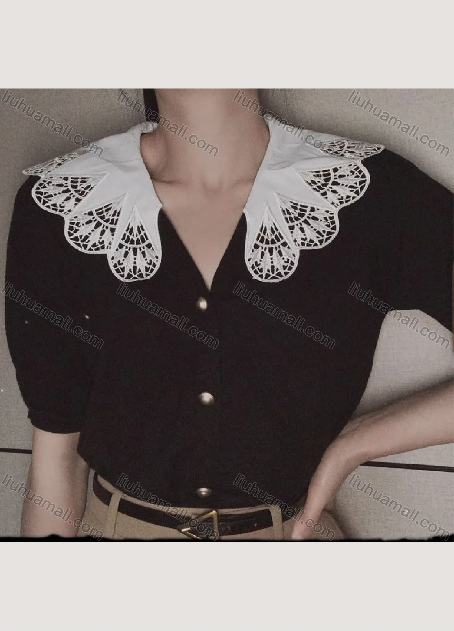 Wholesale Women's Casual Embroidery Peter Pan Collar Neck Button Down Short Sleeve Tops 8081# - Liuhuamall