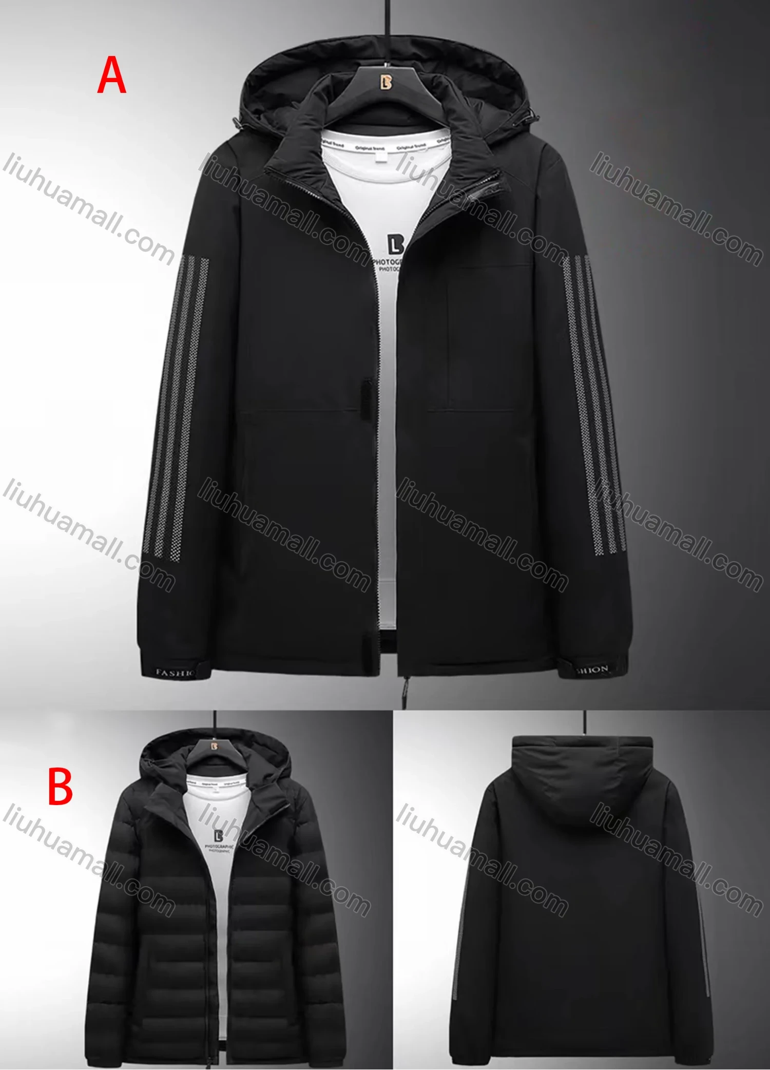 Wholesale Men's Plus Size Casual Striped Hooded Zipper Pockets Thermal Lined Puffer Jacket A2026# - Liuhuamall