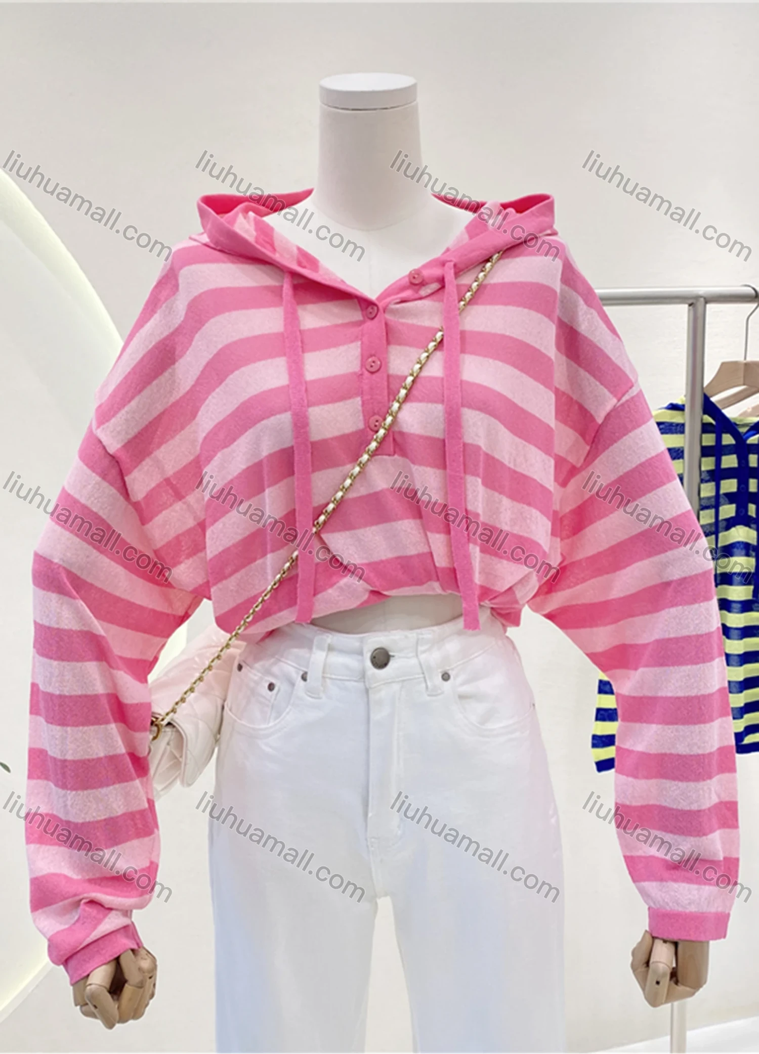 Wholesale Women's Casual Striped Button Front Drawstring Long Sleeve Hoodie 8085# - Liuhuamall