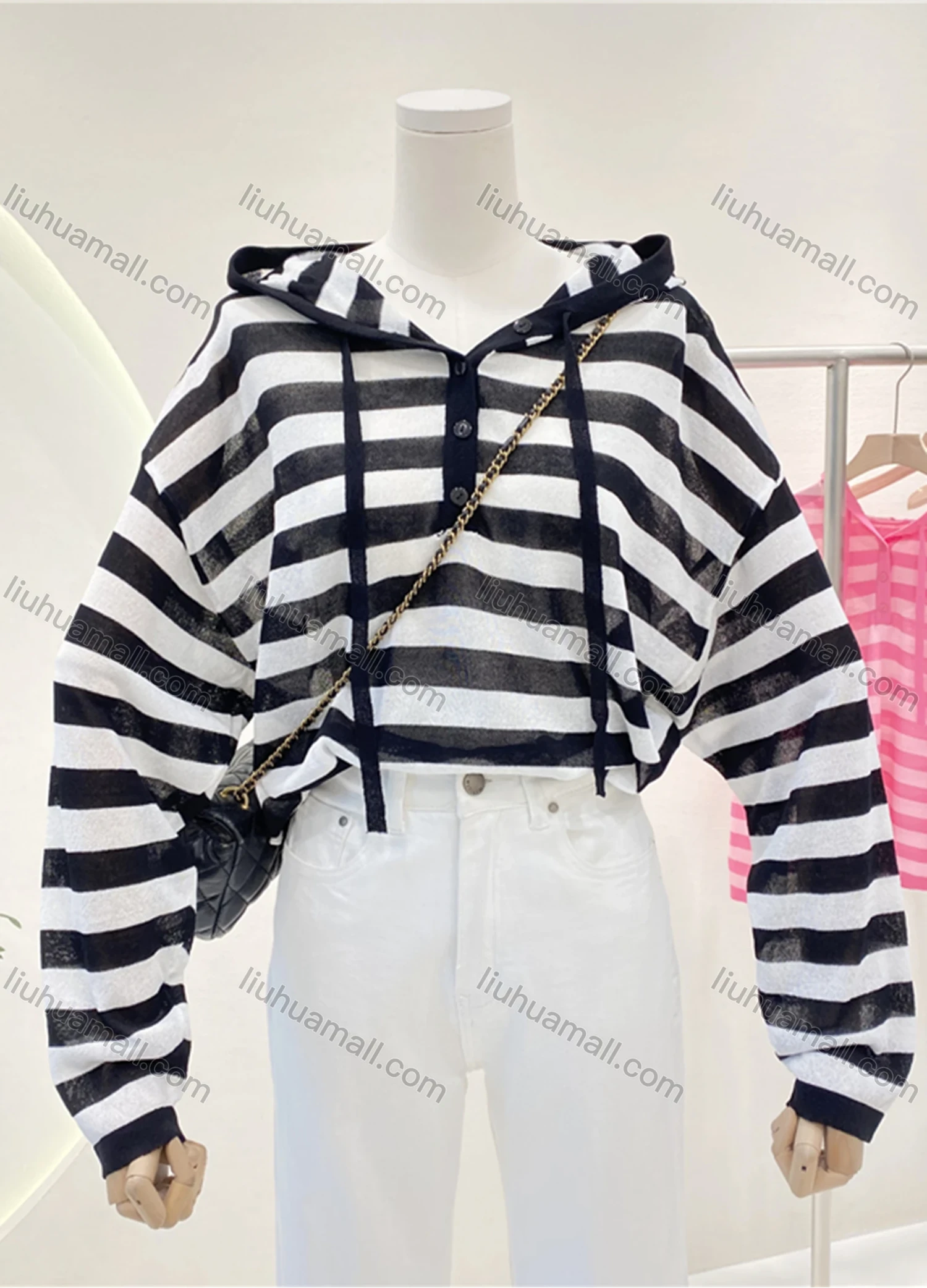 Wholesale Women's Casual Striped Button Front Drawstring Long Sleeve Hoodie 8085# - Liuhuamall