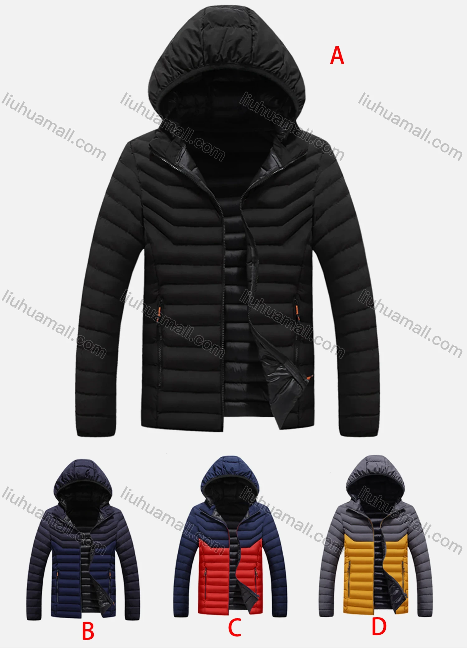 Wholesale Men's Plus Size Casual Colorblock Hooded Zipper Pockets Thermal Lined Puffer Jacket A2109# - Liuhuamall