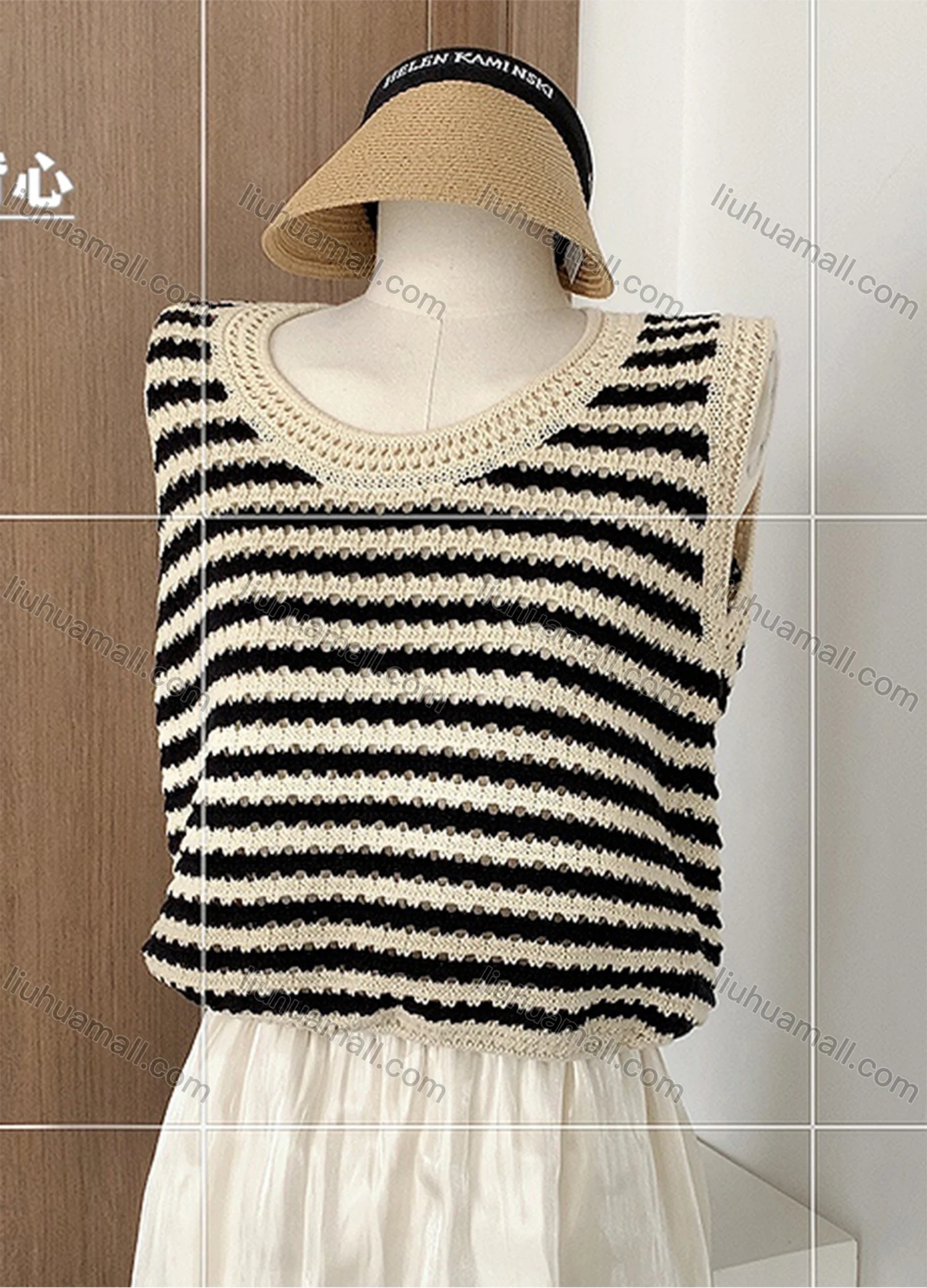 Wholesale Women's Casual Striped Round Neck Knit Sweater Tank Top 8087# - Liuhuamall