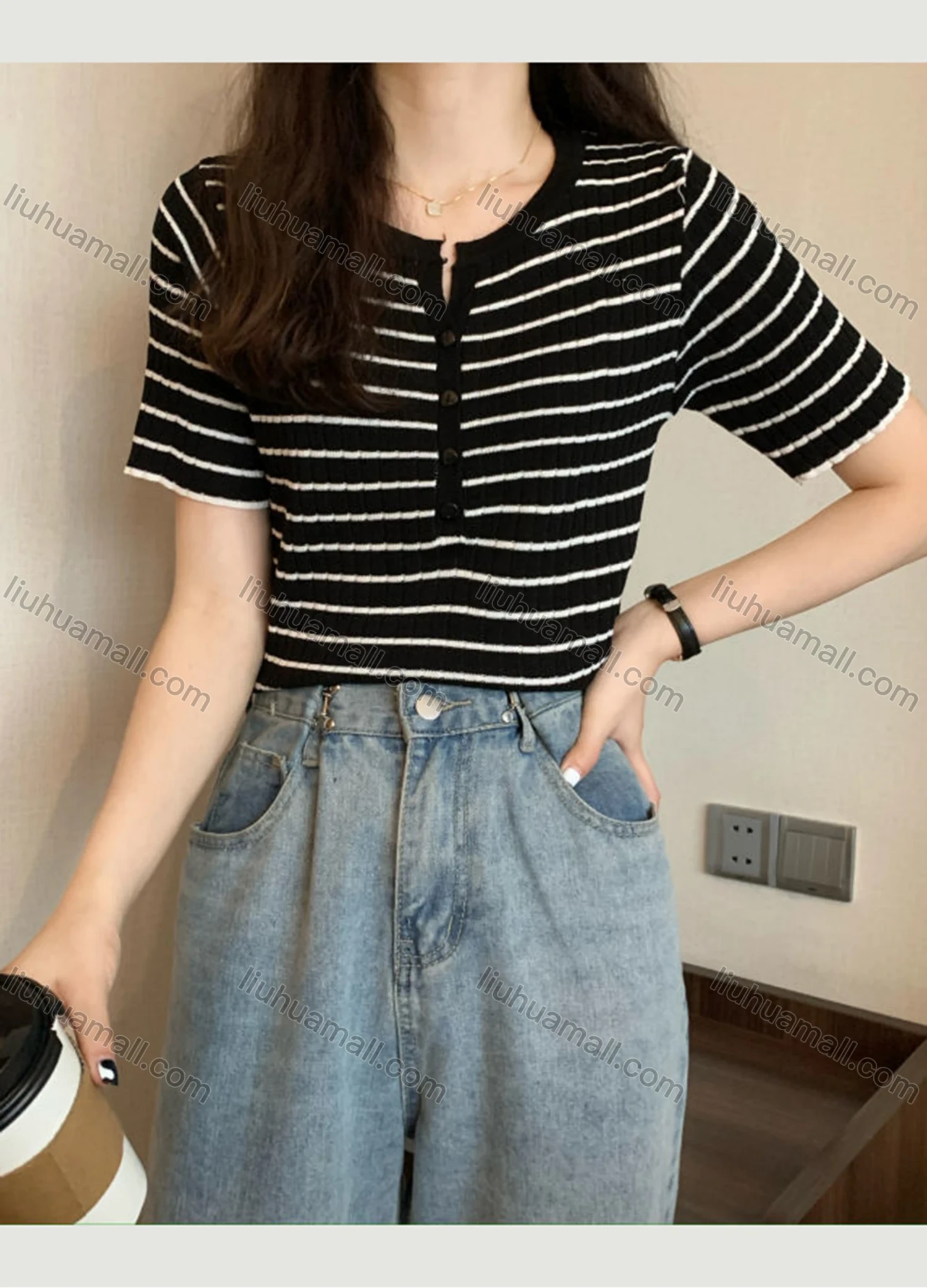 Wholesale Women's Casual Striped Round Neck Button Front Short Sleeve Sweater Tops 8089# - Liuhuamall