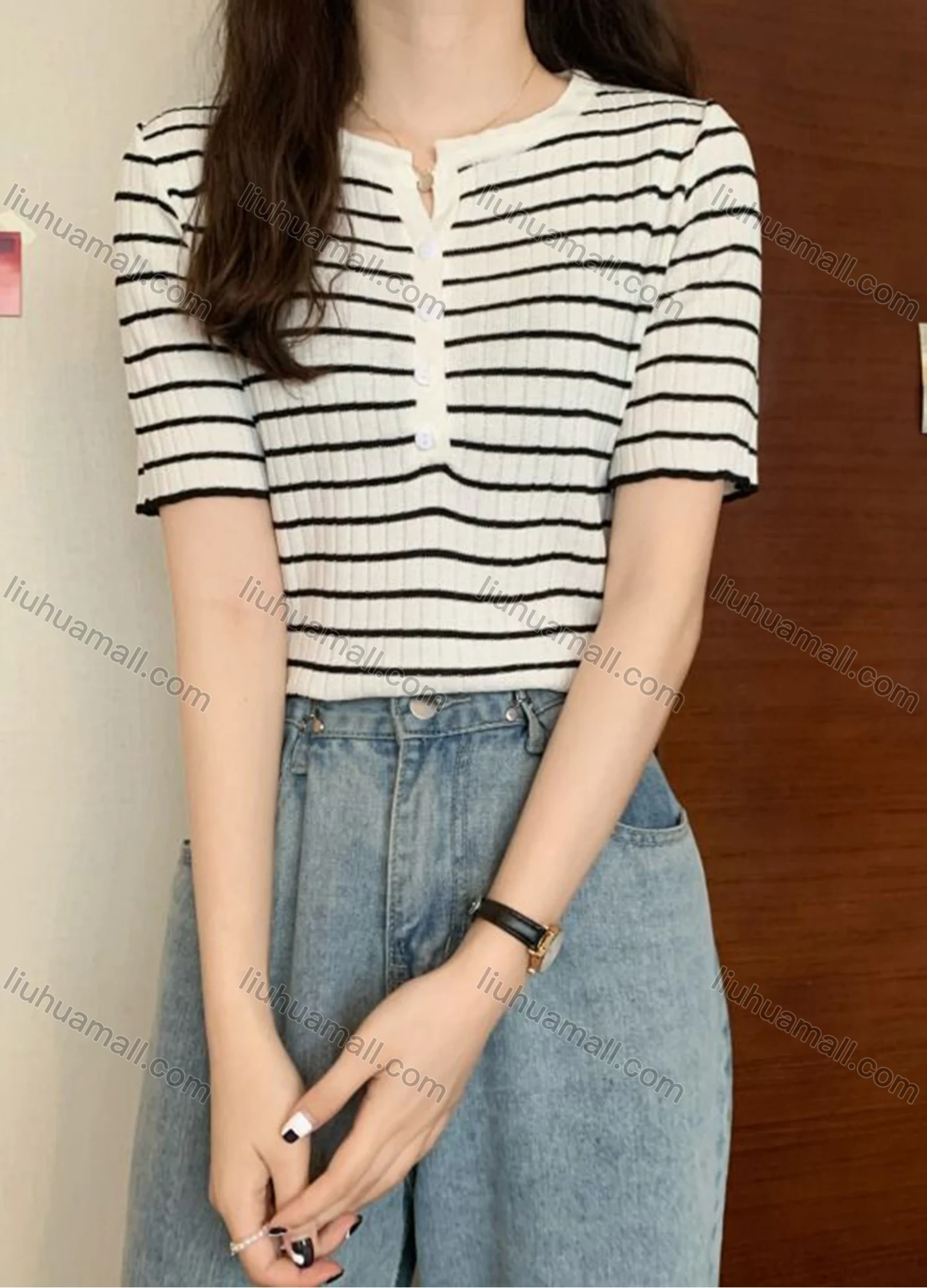 Wholesale Women's Casual Striped Round Neck Button Front Short Sleeve Sweater Tops 8089# - Liuhuamall