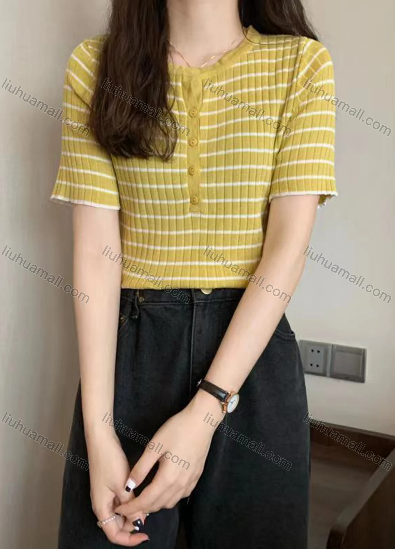 Wholesale Women's Casual Striped Round Neck Button Front Short Sleeve Sweater Tops 8089# - Liuhuamall