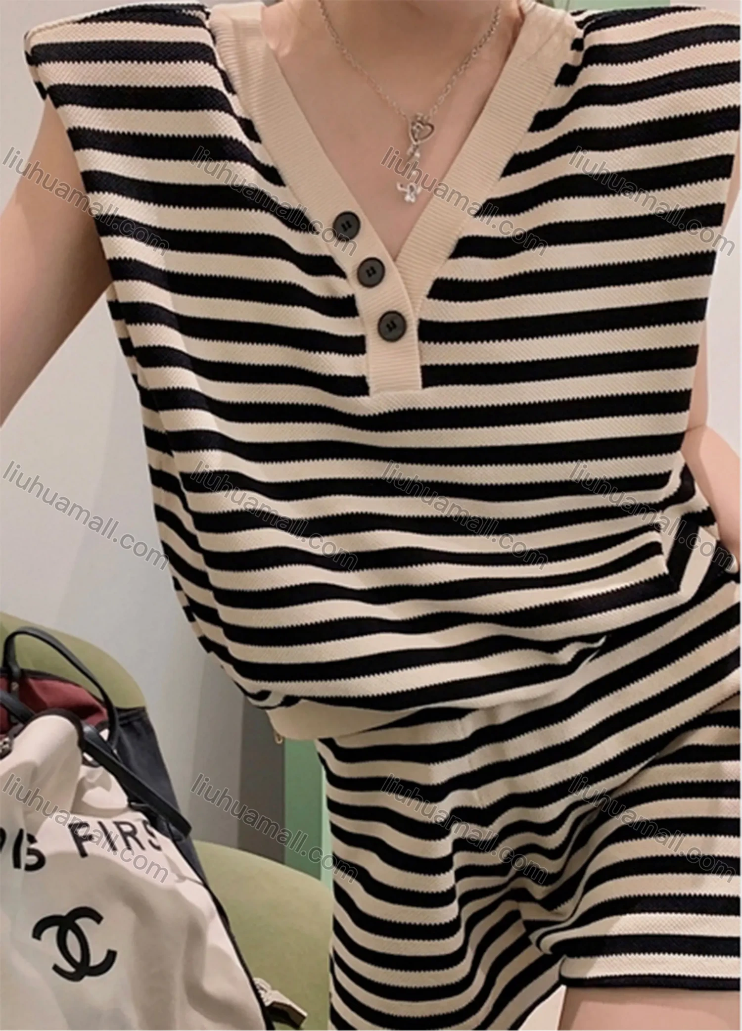 Wholesale Women's Casual V Neck Striped & Plain Relaxed Fit Tank Tops & Elastic Waist Shorts 2 Piece Set 8095# - Liuhuamall