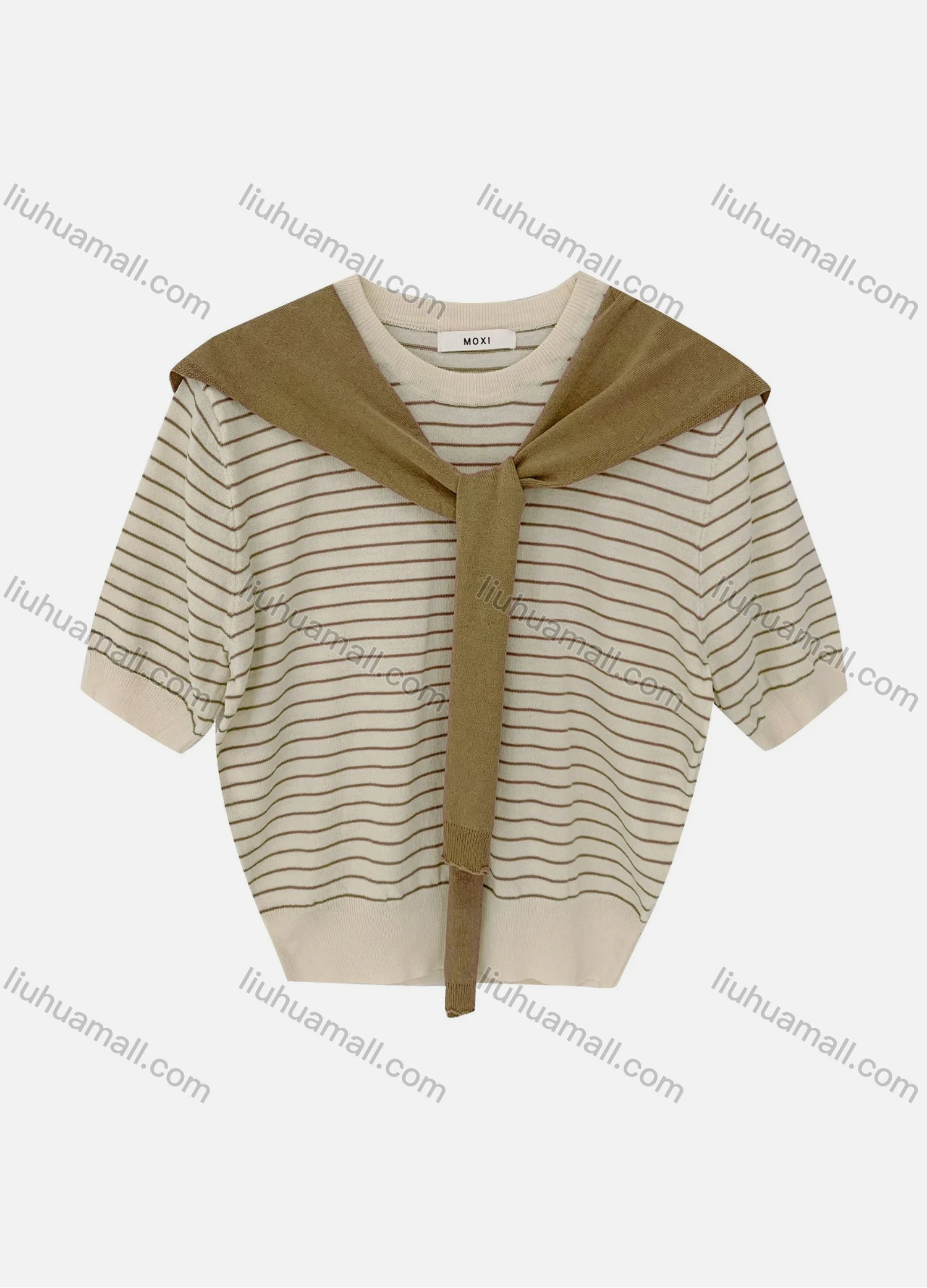 Wholesale Women's Casual Striped Round Neck Half Sleeve Sweater Tops With Shawl 8096# - Liuhuamall