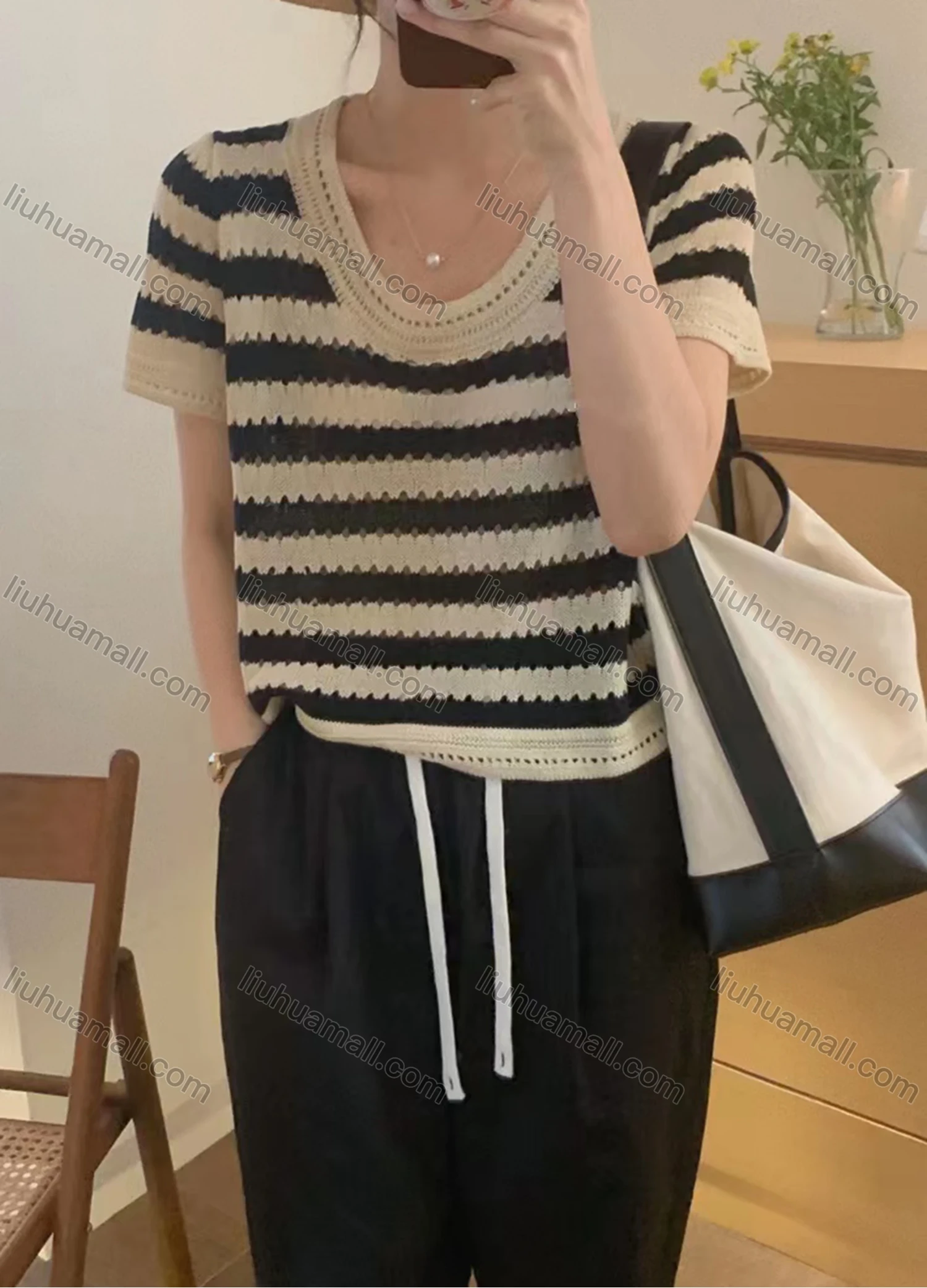 Wholesale Women's Casual Striped Scoop Neck Hollow Out Short Sleeve Sweater Tops 8097# - Liuhuamall