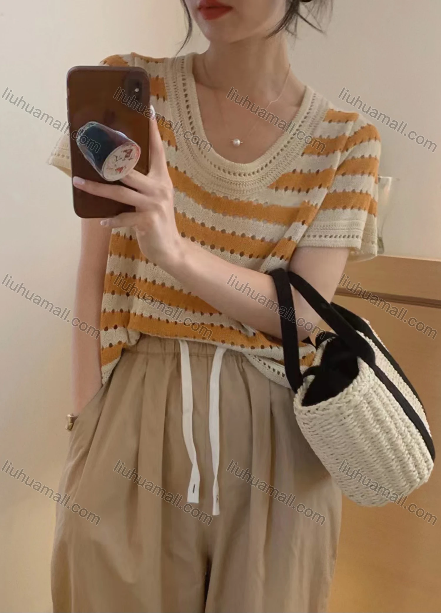 Wholesale Women's Casual Striped Scoop Neck Hollow Out Short Sleeve Sweater Tops 8097# - Liuhuamall