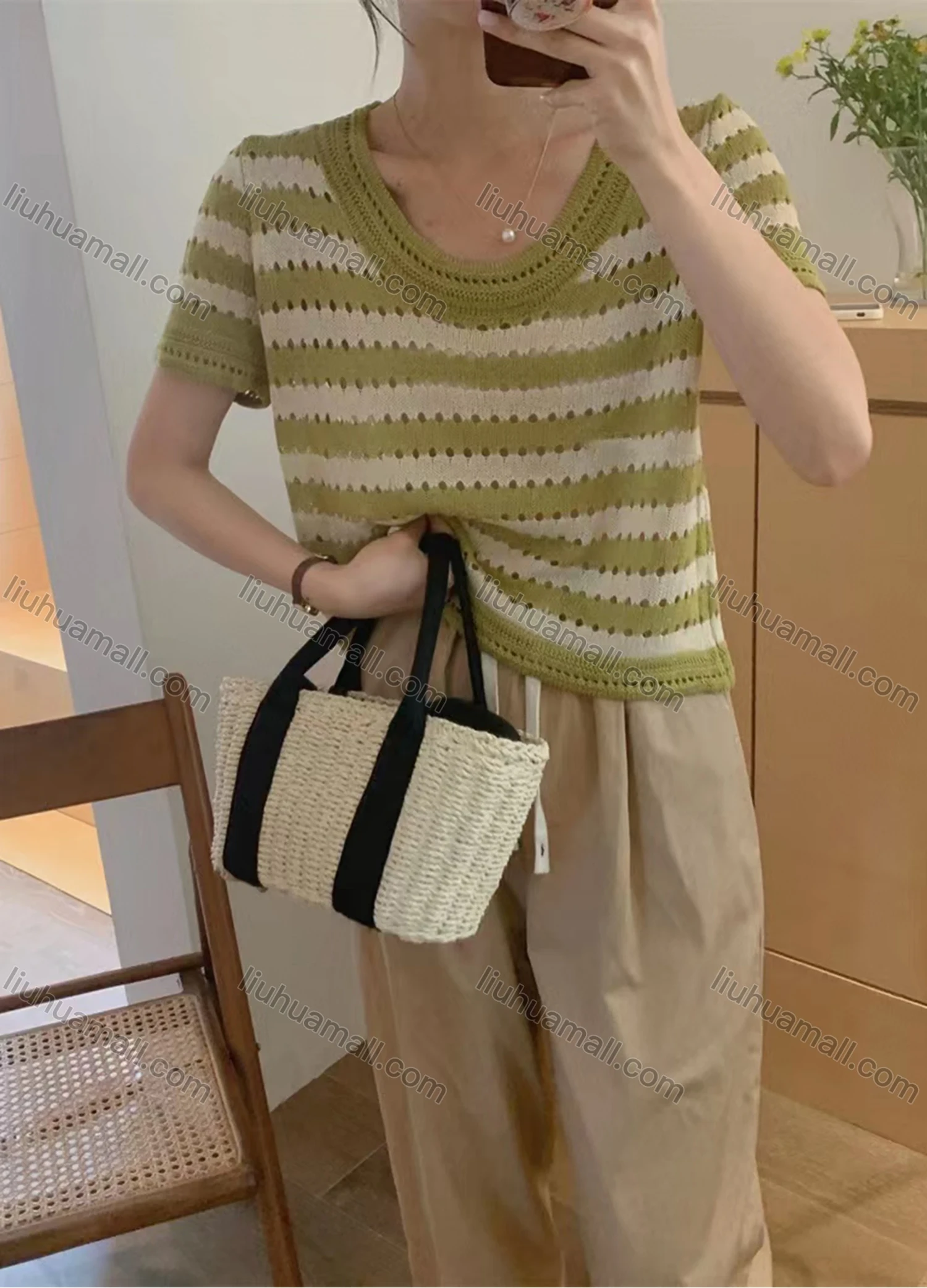 Wholesale Women's Casual Striped Scoop Neck Hollow Out Short Sleeve Sweater Tops 8097# - Liuhuamall