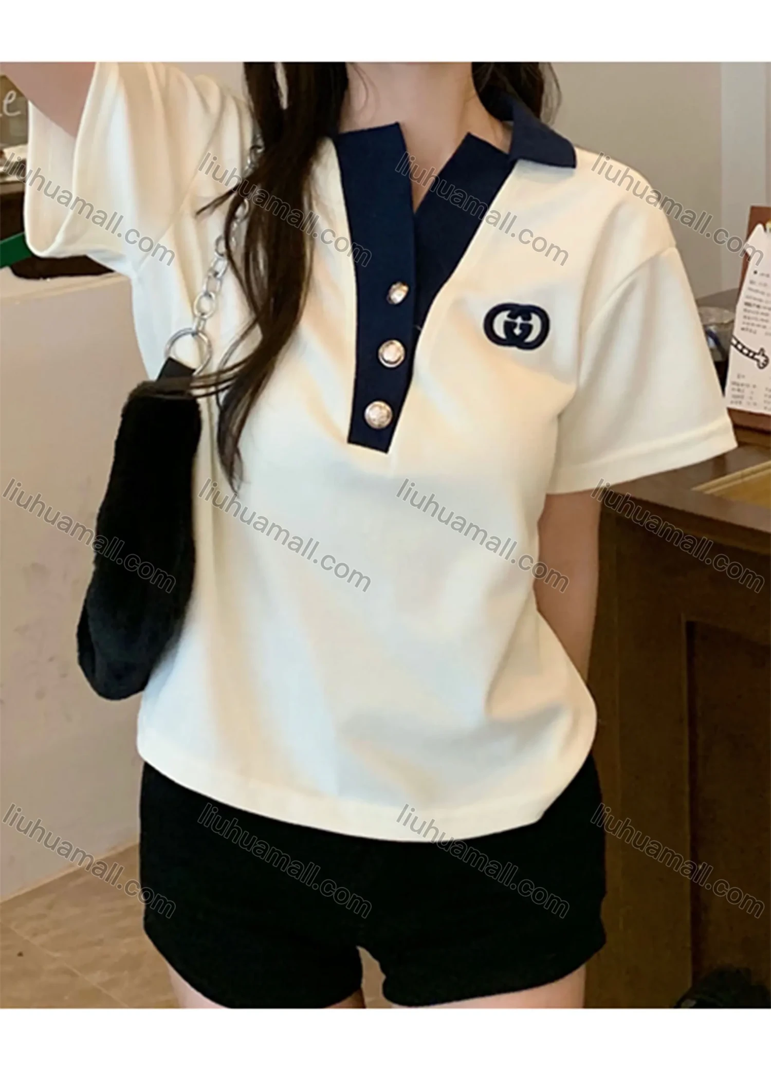 Wholesale Women's Casual Contrast Collared Button Front Short Sleeve Top 8103# - Liuhuamall