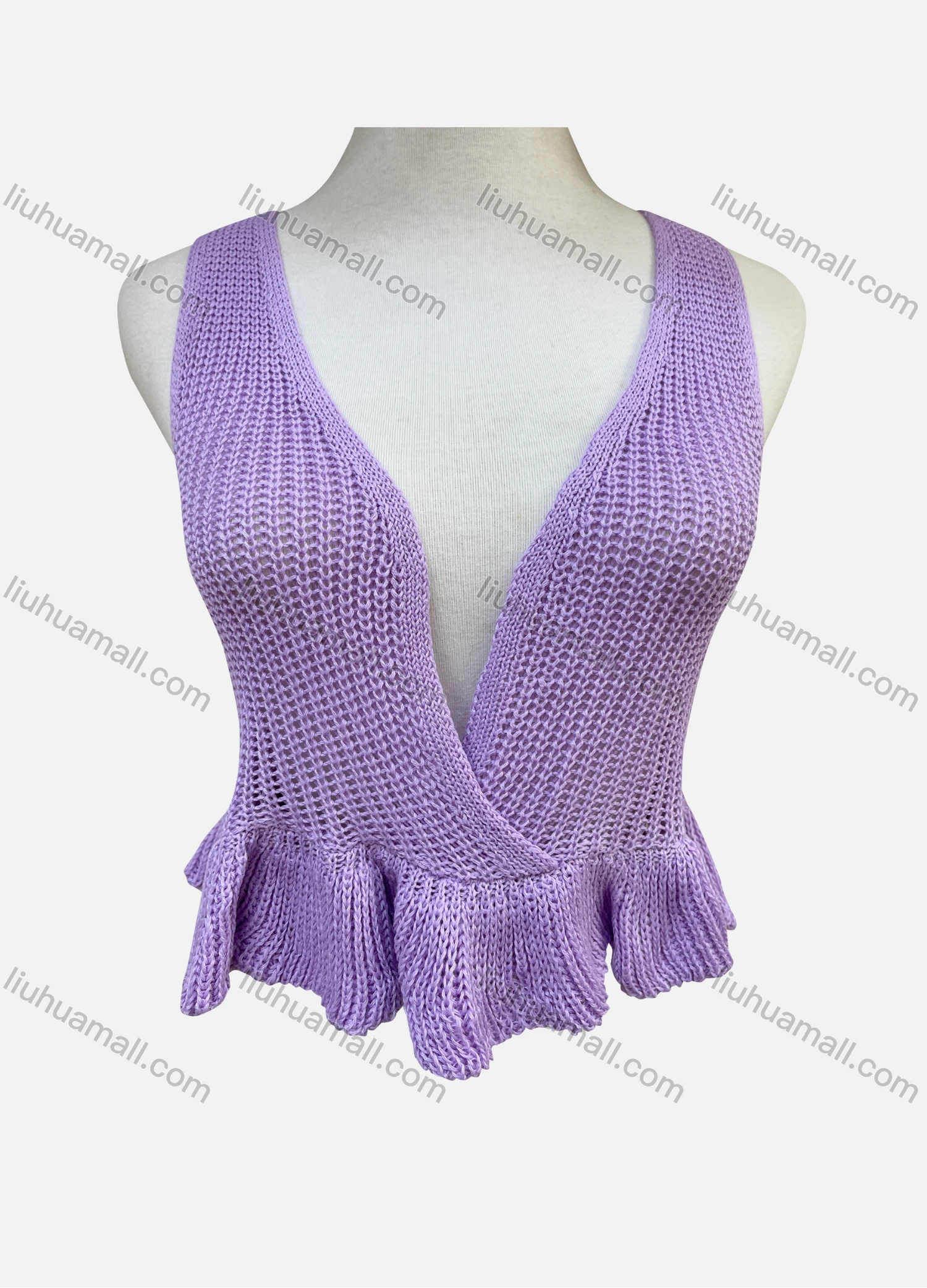 Wholesale Women's Sexy Deep V Neck Ruffle Hem Plain Wrap Crop Knit Top 8164# - Liuhuamall