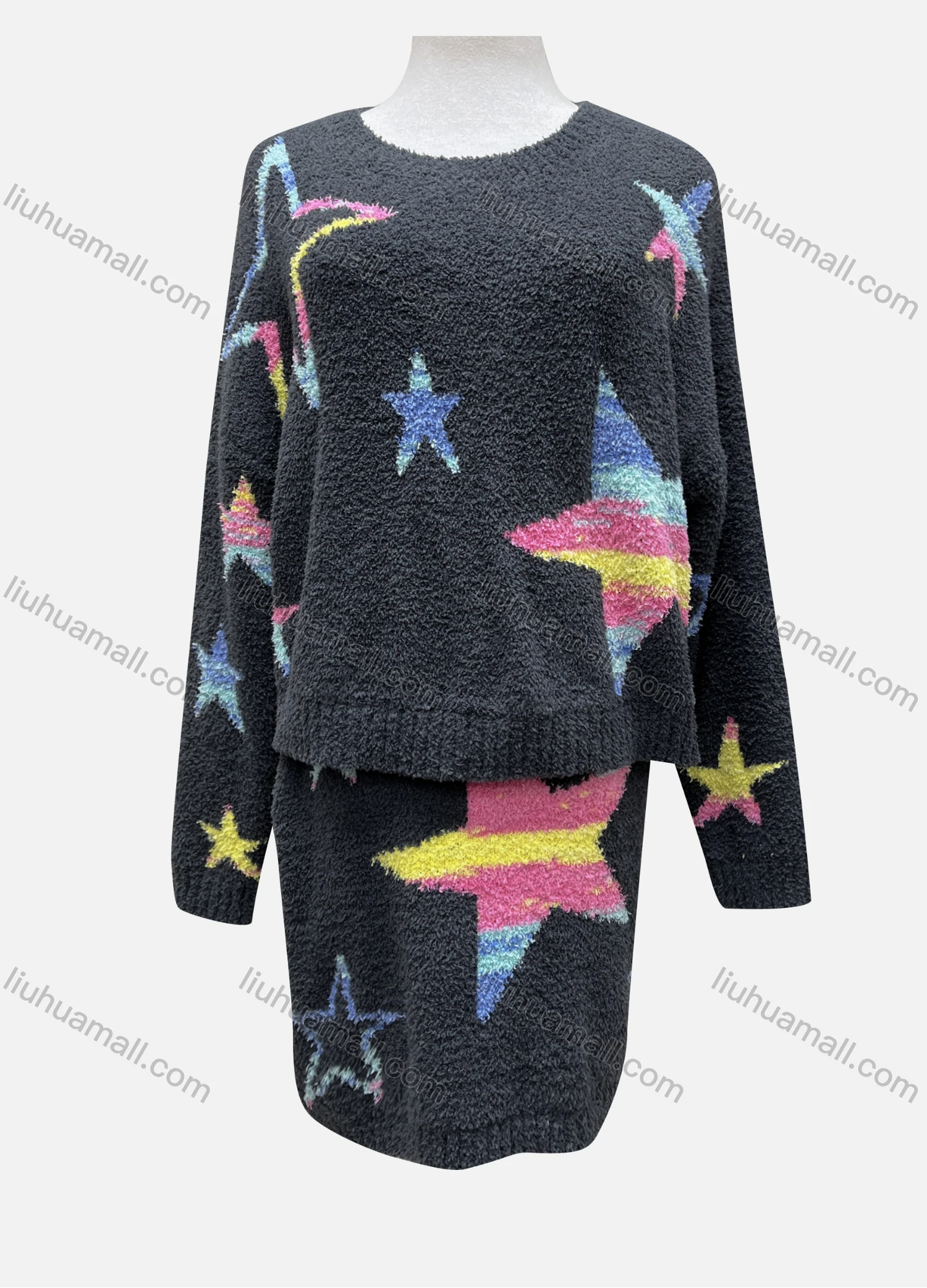 Wholesale Women's Casual Long Sleeve Star Fleece Sweater 2-piece Set 8160# - Liuhuamall