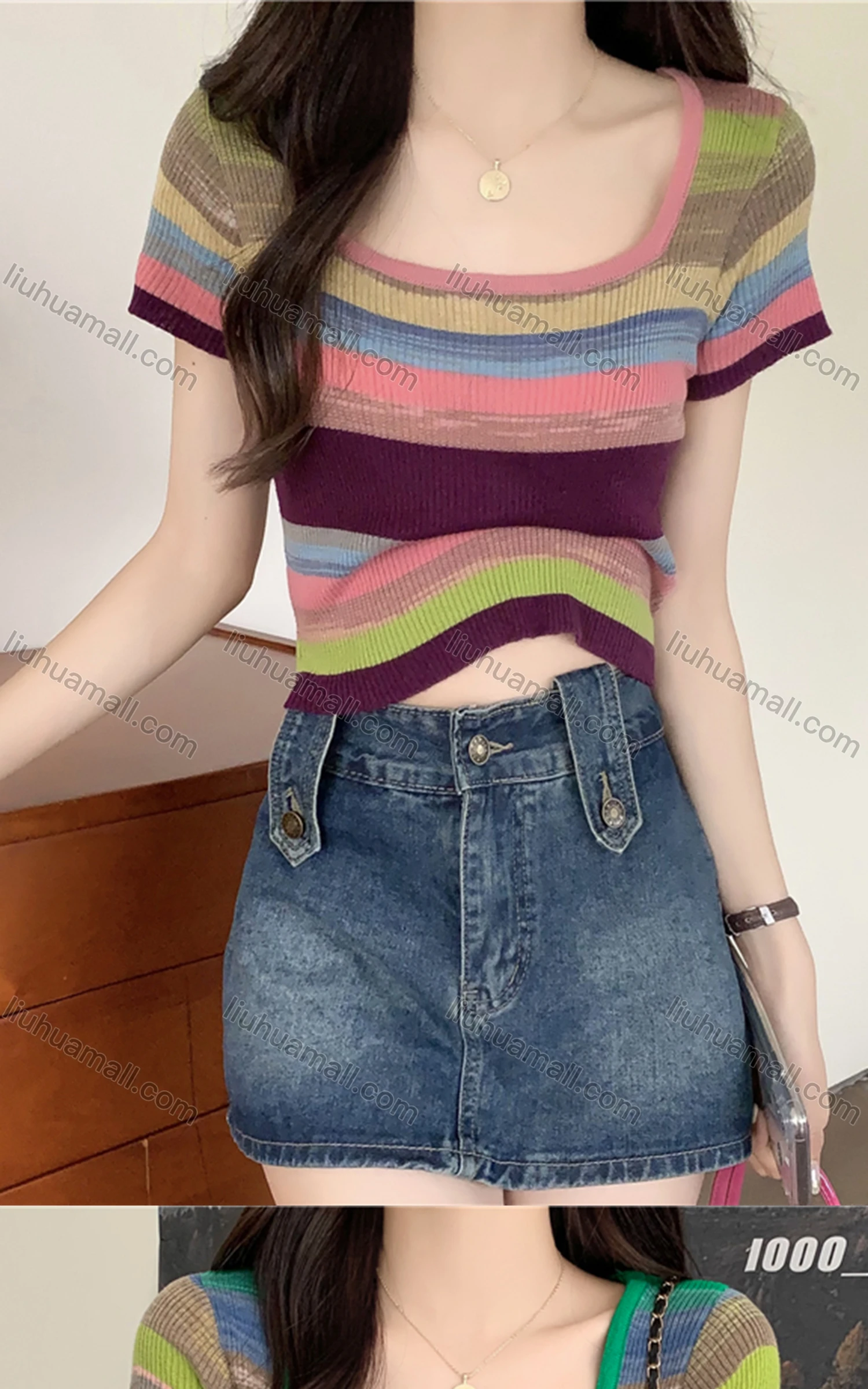 Wholesale Women's Casual Square Neck Short Sleeve Colorblock Slim Fit Crop Top 8108# - Liuhuamall