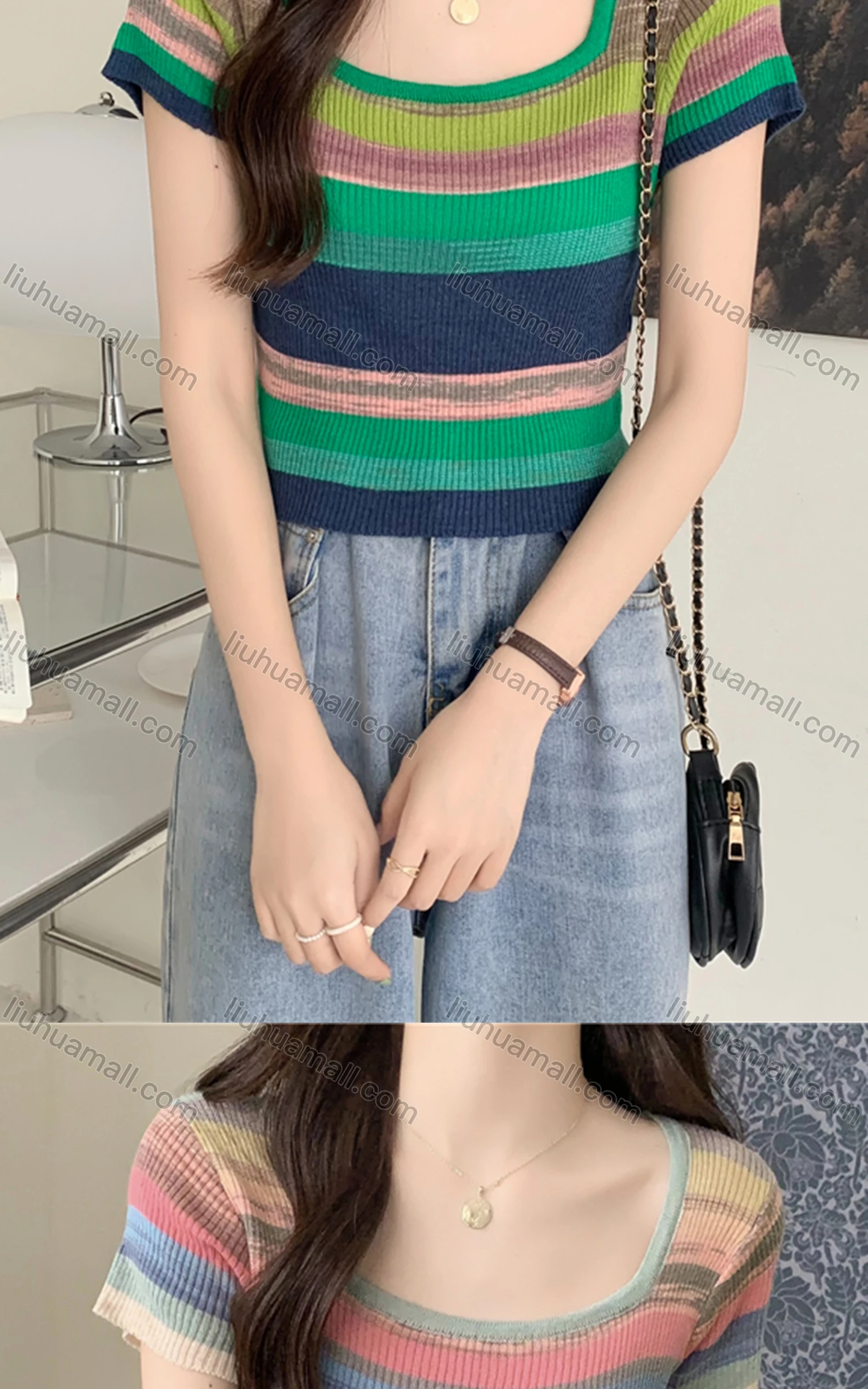 Wholesale Women's Casual Square Neck Short Sleeve Colorblock Slim Fit Crop Top 8108# - Liuhuamall