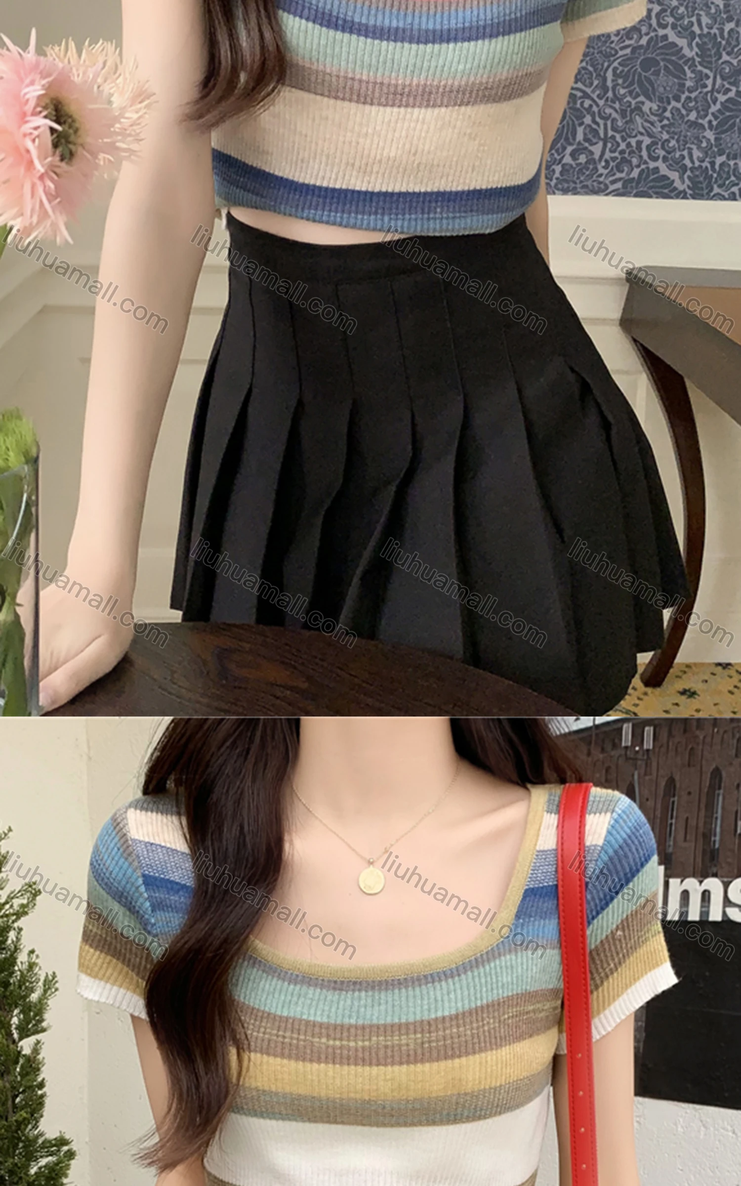 Wholesale Women's Casual Square Neck Short Sleeve Colorblock Slim Fit Crop Top 8108# - Liuhuamall