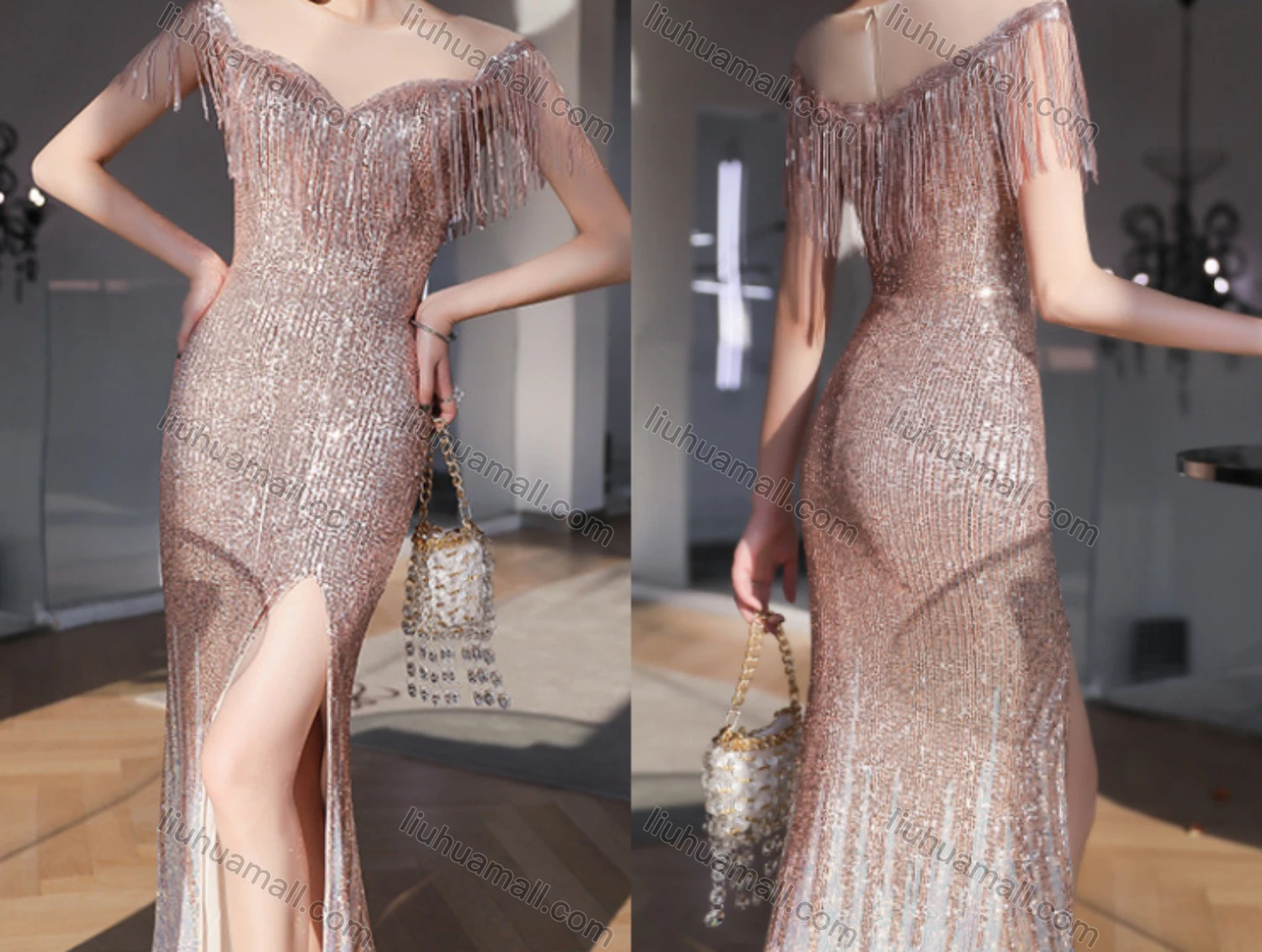 Wholesale Women's Elegant Mesh Splicing Sequin Fringe Trim Bodycon Split Hem Floor Length Evening Dress - Liuhuamall