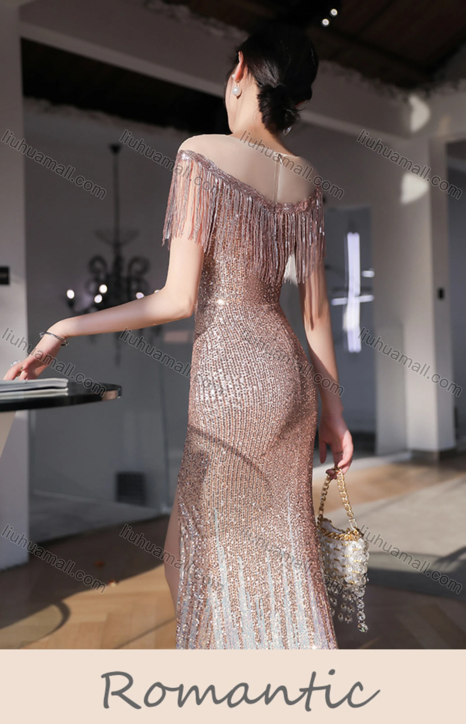 Wholesale Women's Elegant Mesh Splicing Sequin Fringe Trim Bodycon Split Hem Floor Length Evening Dress - Liuhuamall