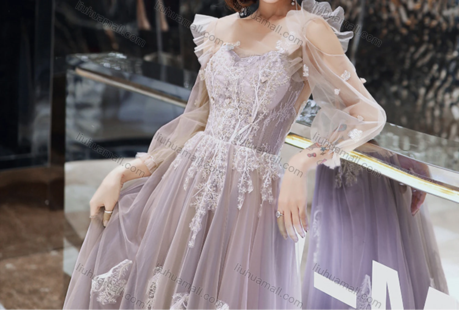 Wholesale Women's Elegant Mesh Flower Embroidery Appliques Sequin & Pearl Decor Backless High Waist Maxi Evening Dress - Liuhuamall