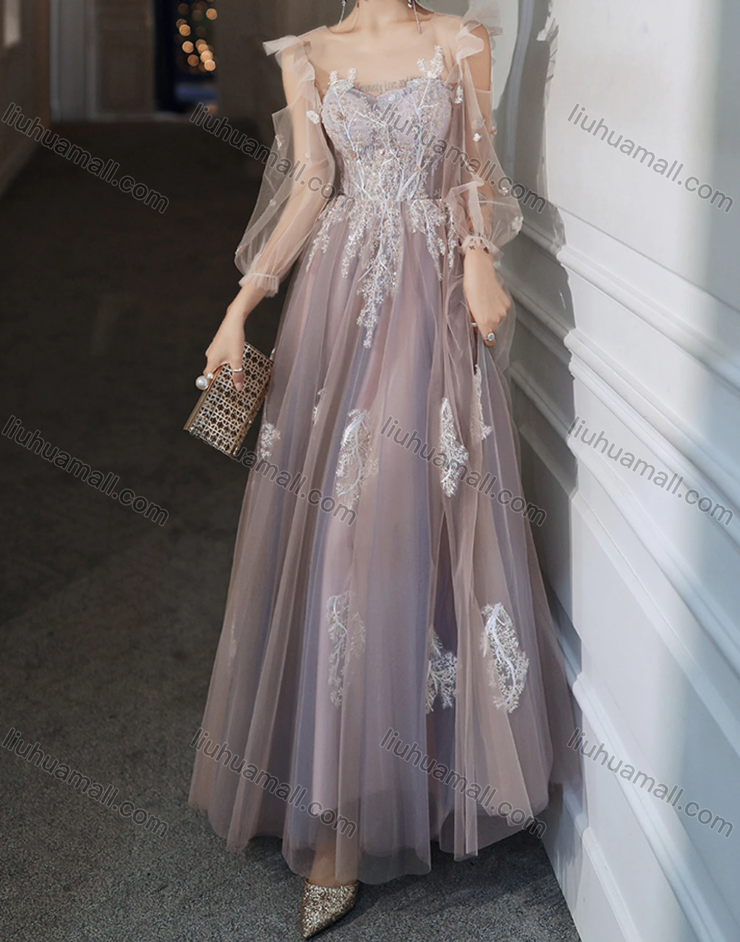 Wholesale Women's Elegant Mesh Flower Embroidery Appliques Sequin & Pearl Decor Backless High Waist Maxi Evening Dress - Liuhuamall