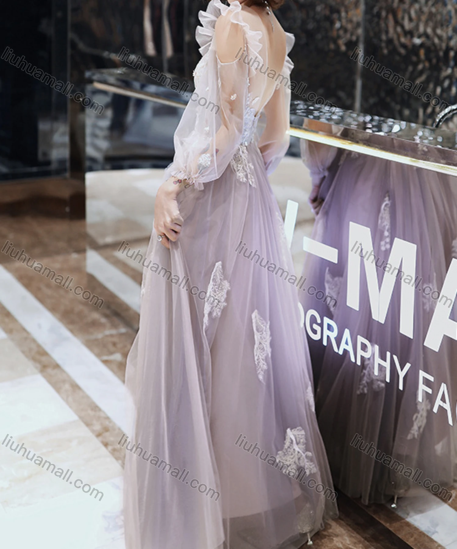Wholesale Women's Elegant Mesh Flower Embroidery Appliques Sequin & Pearl Decor Backless High Waist Maxi Evening Dress - Liuhuamall