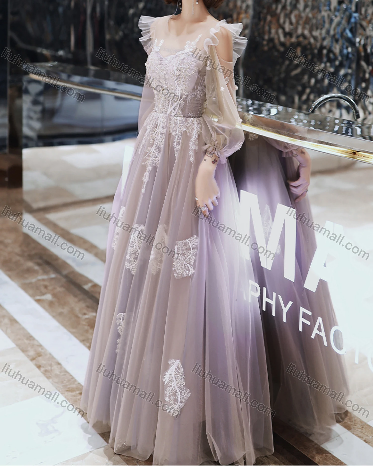 Wholesale Women's Elegant Mesh Flower Embroidery Appliques Sequin & Pearl Decor Backless High Waist Maxi Evening Dress - Liuhuamall