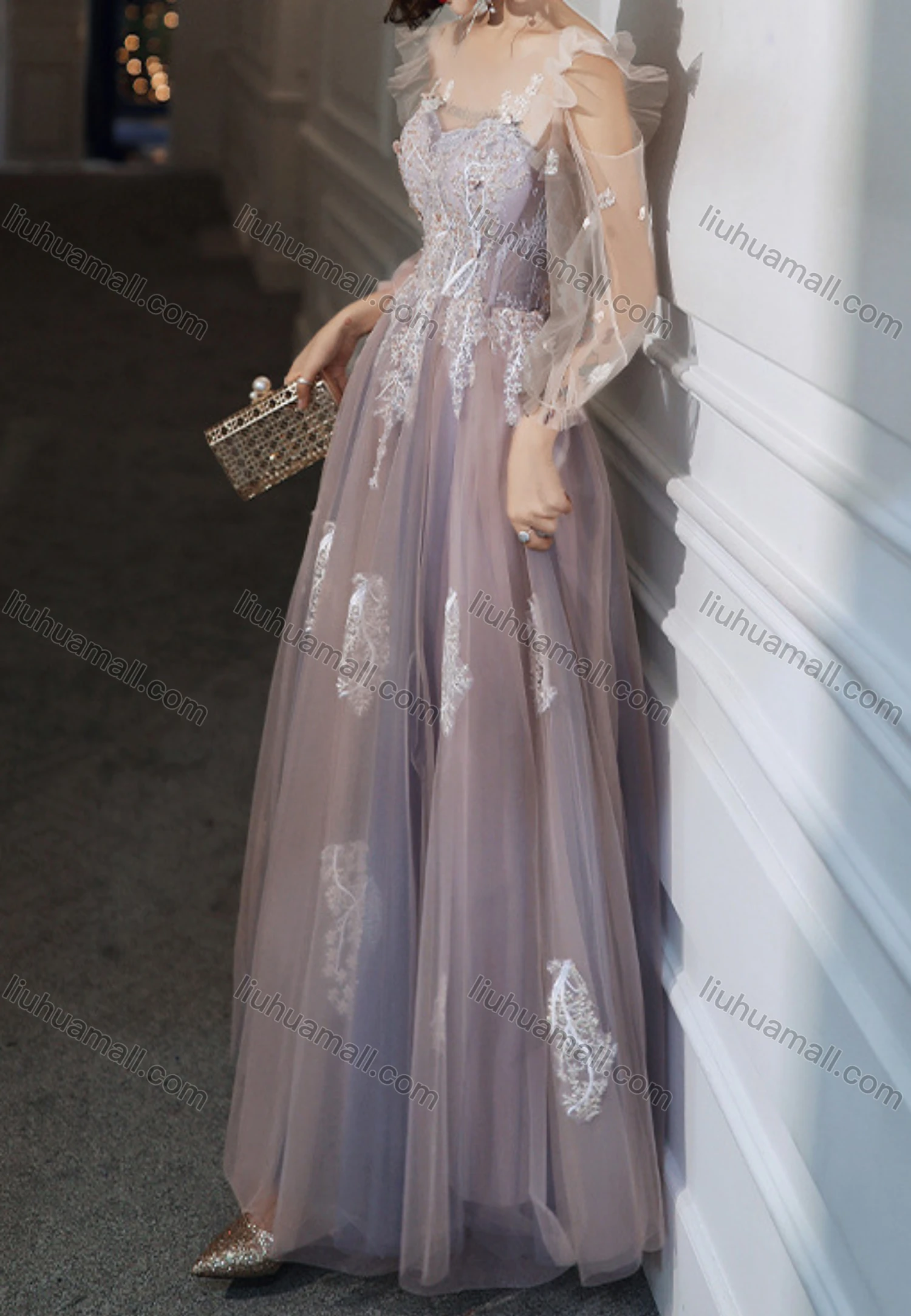 Wholesale Women's Elegant Mesh Flower Embroidery Appliques Sequin & Pearl Decor Backless High Waist Maxi Evening Dress - Liuhuamall