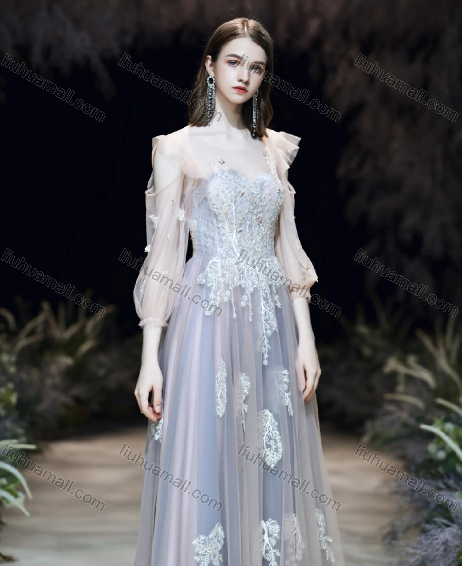 Wholesale Women's Elegant Mesh Flower Embroidery Appliques Pearl Decor Ruffle Trim Backless High Waist Floor Length Evening Dress - Liuhuamall