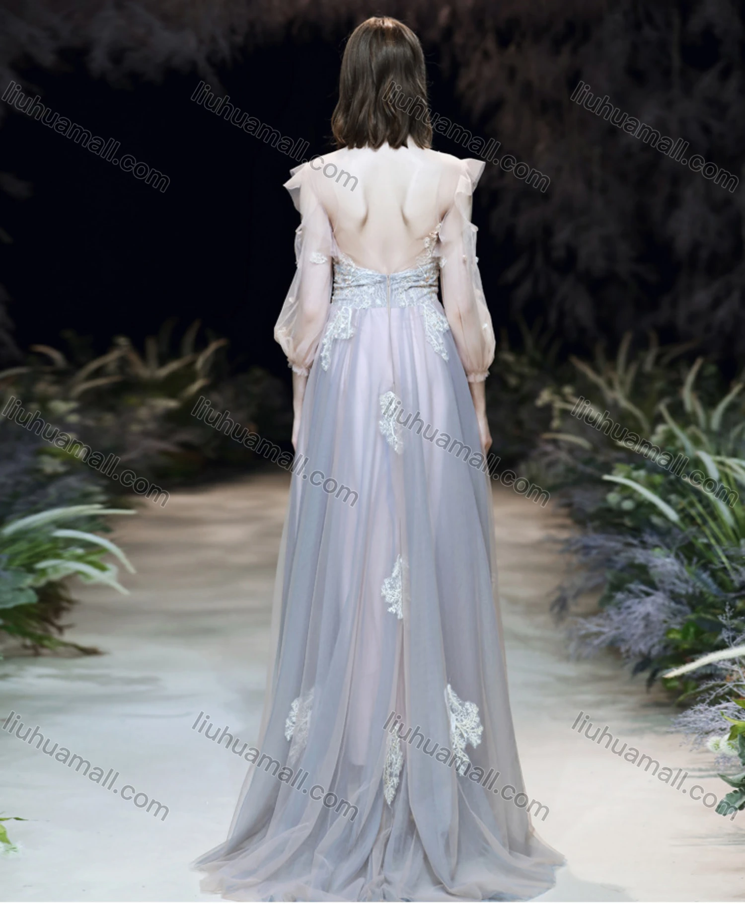 Wholesale Women's Elegant Mesh Flower Embroidery Appliques Pearl Decor Ruffle Trim Backless High Waist Floor Length Evening Dress - Liuhuamall