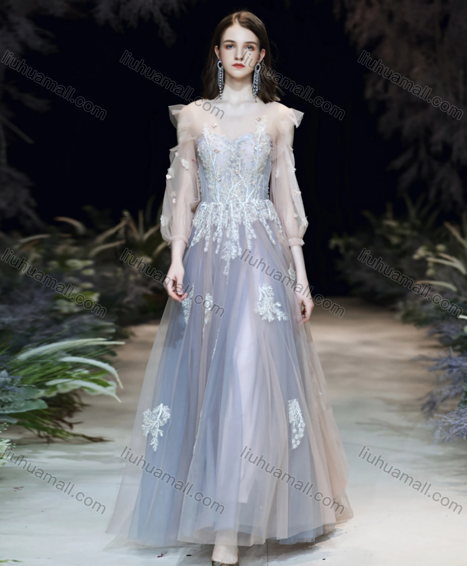 Wholesale Women's Elegant Mesh Flower Embroidery Appliques Pearl Decor Ruffle Trim Backless High Waist Floor Length Evening Dress - Liuhuamall