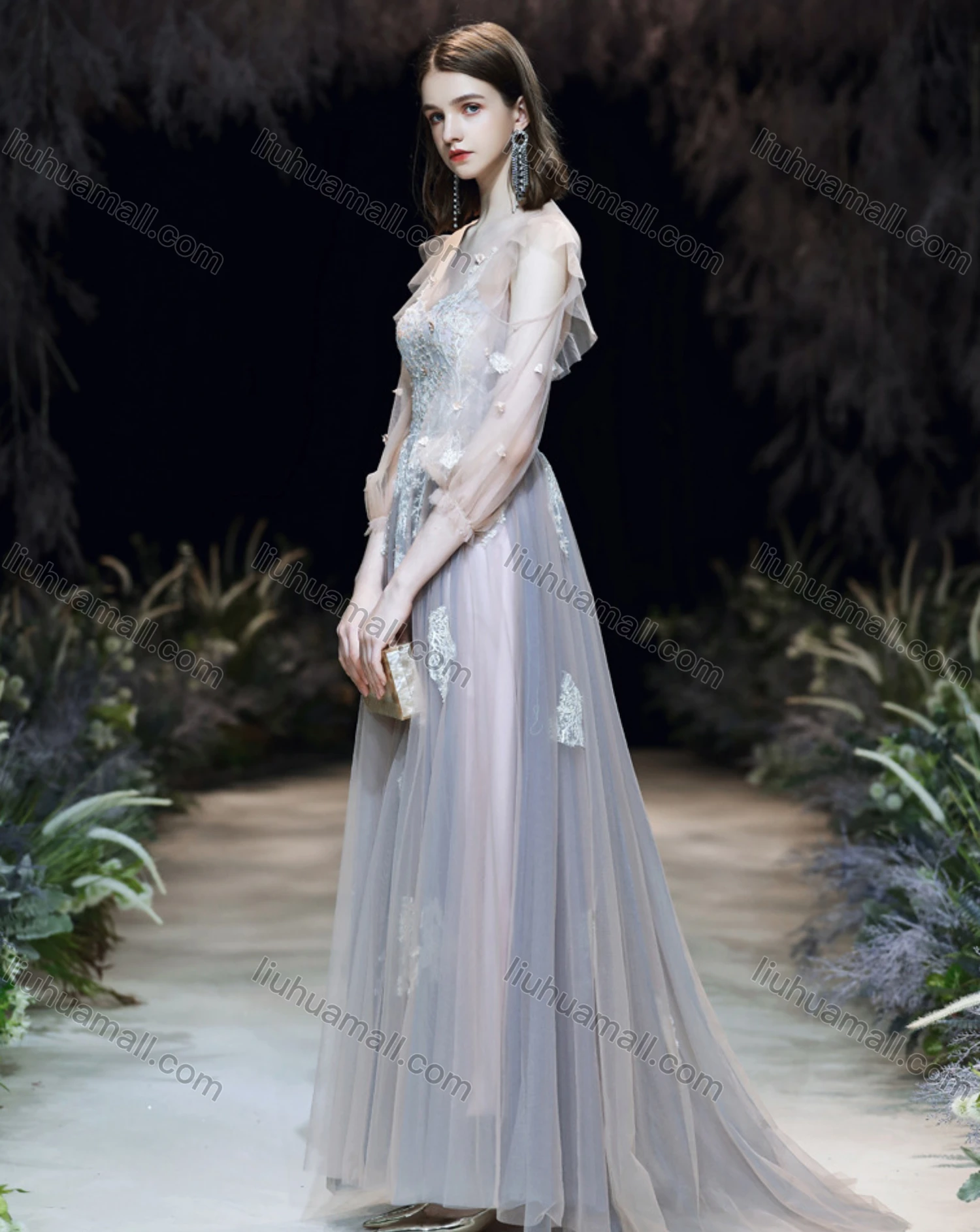 Wholesale Women's Elegant Mesh Flower Embroidery Appliques Pearl Decor Ruffle Trim Backless High Waist Floor Length Evening Dress - Liuhuamall