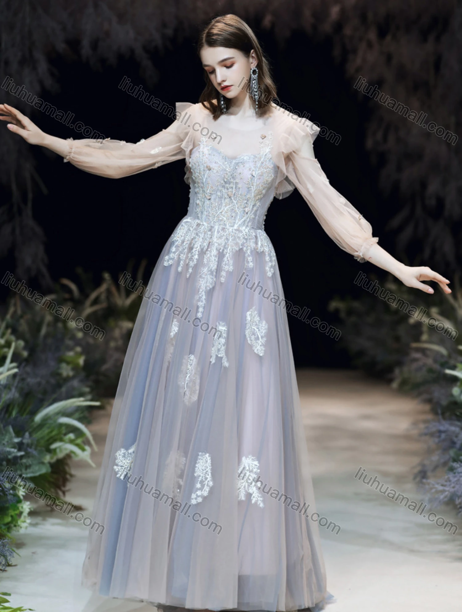 Wholesale Women's Elegant Mesh Flower Embroidery Appliques Pearl Decor Ruffle Trim Backless High Waist Floor Length Evening Dress - Liuhuamall