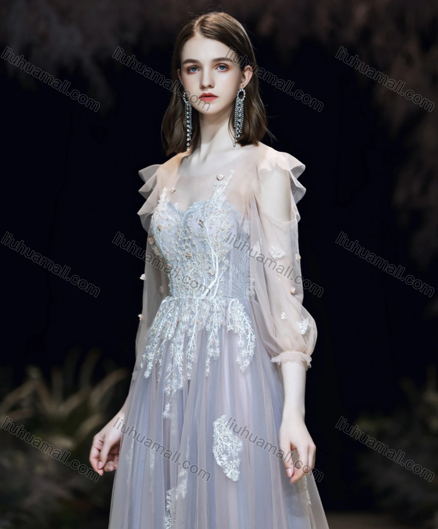 Wholesale Women's Elegant Mesh Flower Embroidery Appliques Pearl Decor Ruffle Trim Backless High Waist Floor Length Evening Dress - Liuhuamall