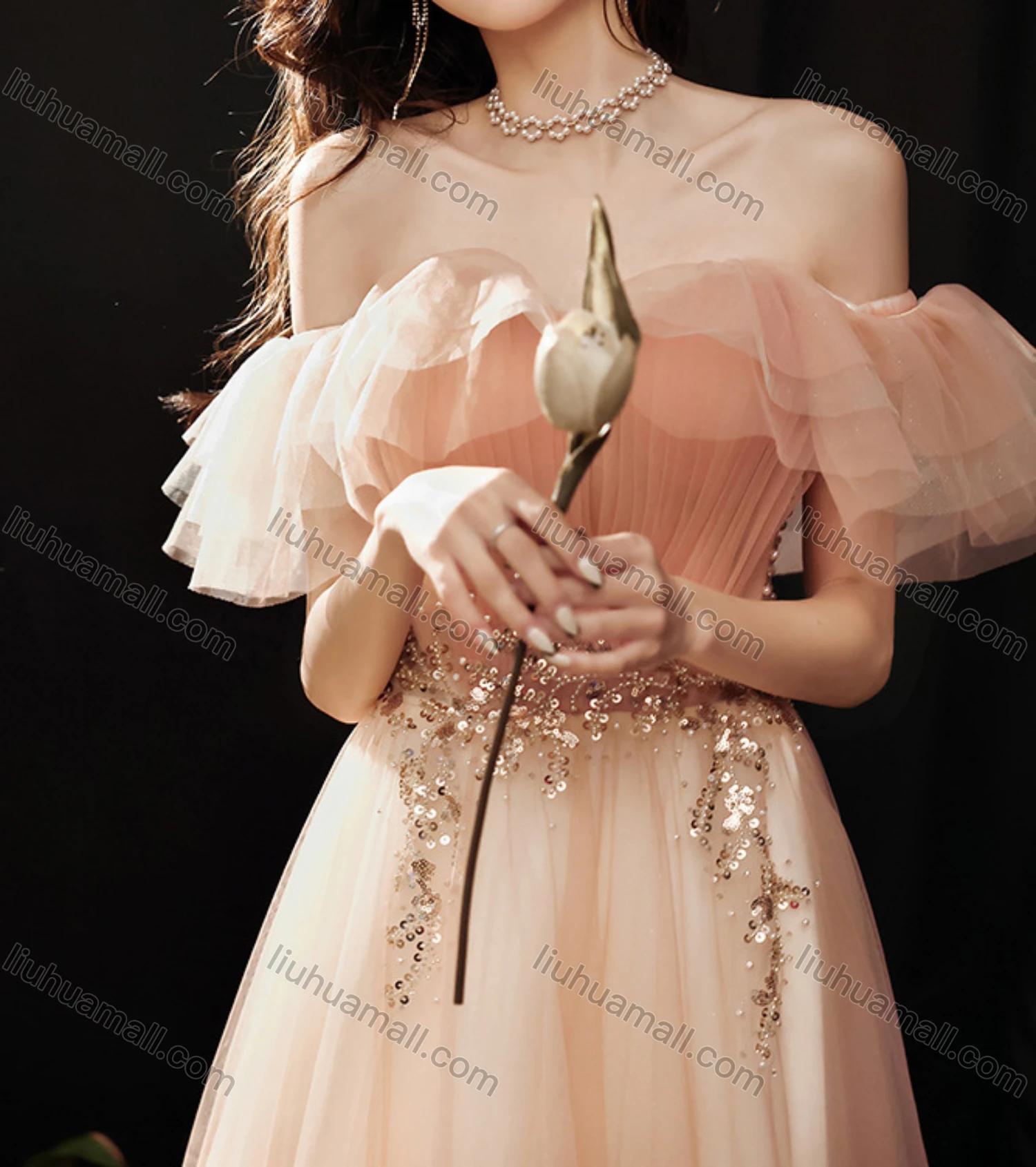 Wholesale Women's Elegant Mesh Ruffle Trim Pleated Sequin Off Shoulder High Waist Floor Length Evening Dress - Liuhuamall