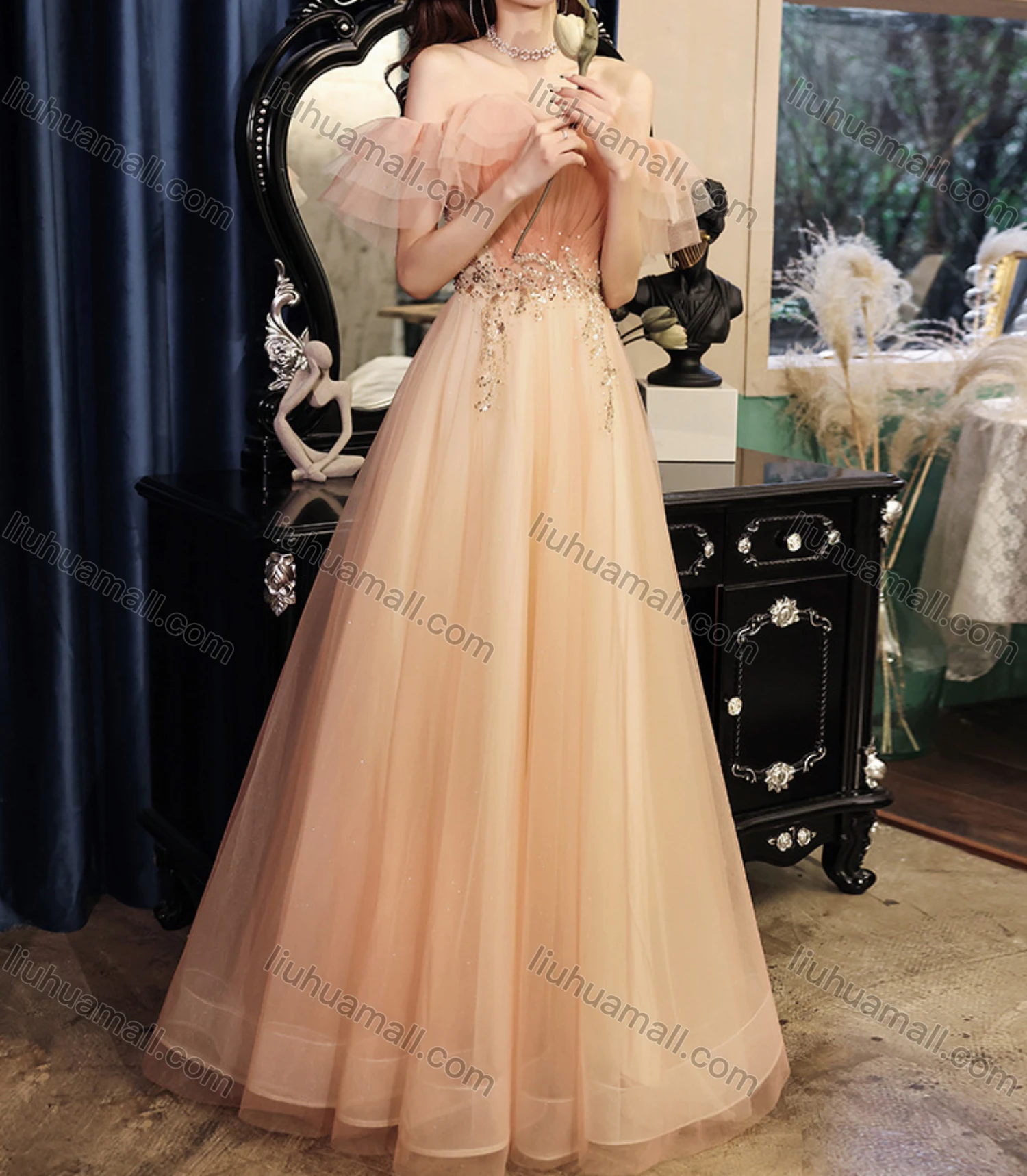 Wholesale Women's Elegant Mesh Ruffle Trim Pleated Sequin Off Shoulder High Waist Floor Length Evening Dress - Liuhuamall