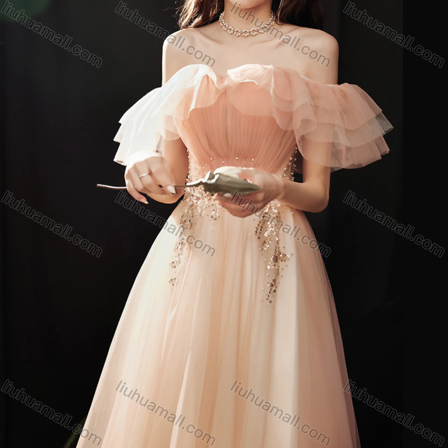 Wholesale Women's Elegant Mesh Ruffle Trim Pleated Sequin Off Shoulder High Waist Floor Length Evening Dress - Liuhuamall