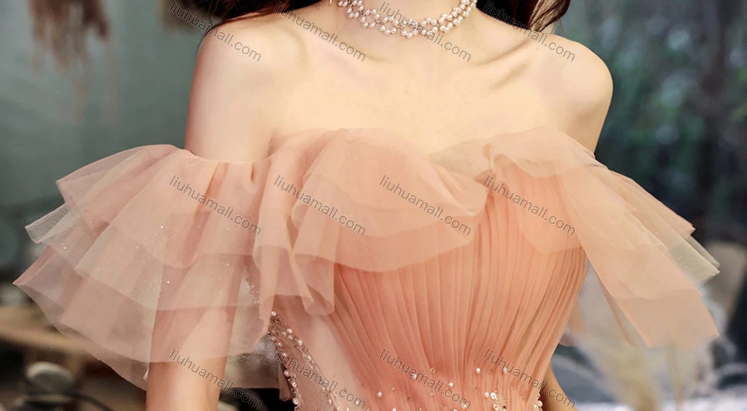 Wholesale Women's Elegant Mesh Ruffle Trim Pleated Sequin Off Shoulder High Waist Floor Length Evening Dress - Liuhuamall