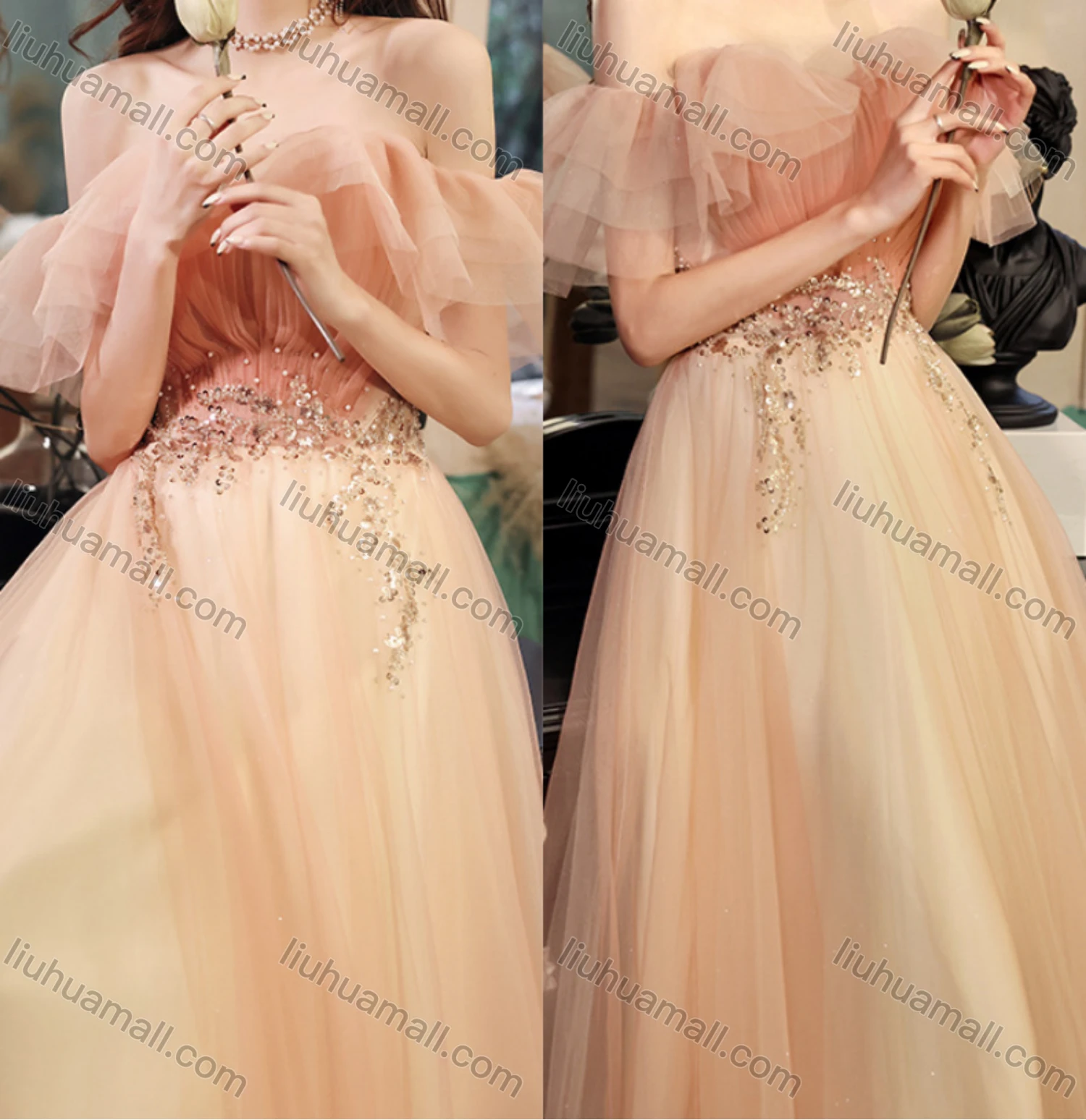 Wholesale Women's Elegant Mesh Ruffle Trim Pleated Sequin Off Shoulder High Waist Floor Length Evening Dress - Liuhuamall