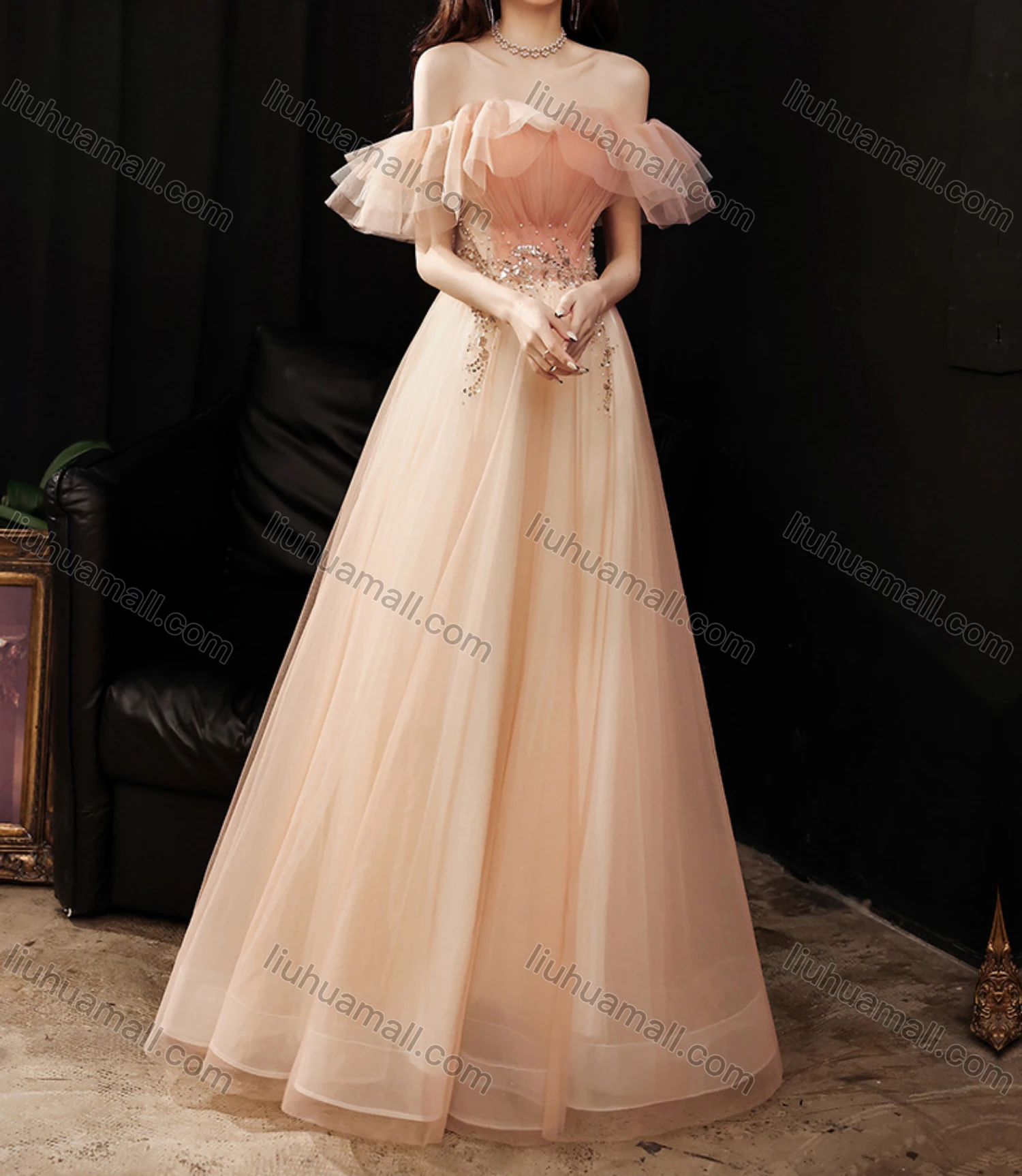 Wholesale Women's Elegant Mesh Ruffle Trim Pleated Sequin Off Shoulder High Waist Floor Length Evening Dress - Liuhuamall