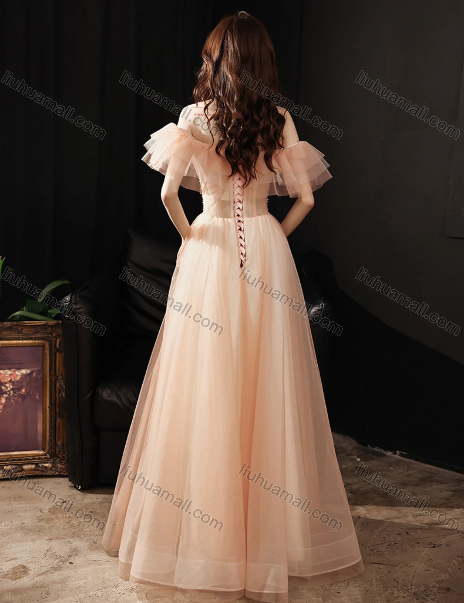 Wholesale Women's Elegant Mesh Ruffle Trim Pleated Sequin Off Shoulder High Waist Floor Length Evening Dress - Liuhuamall
