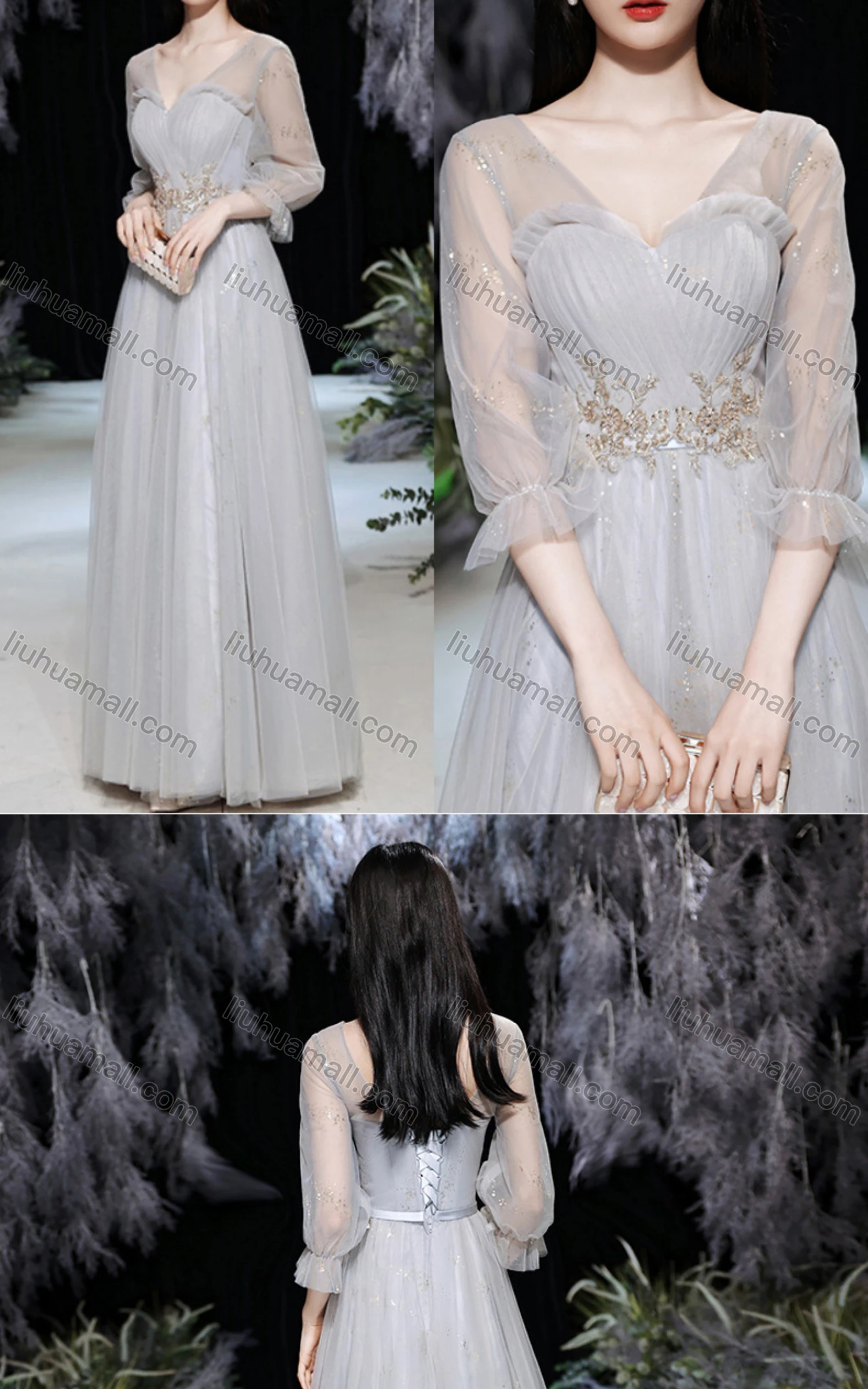 Wholesale Women's Elegant Mesh Ruffle Trim Sequin High Waist Maxi Evening Dress - Liuhuamall