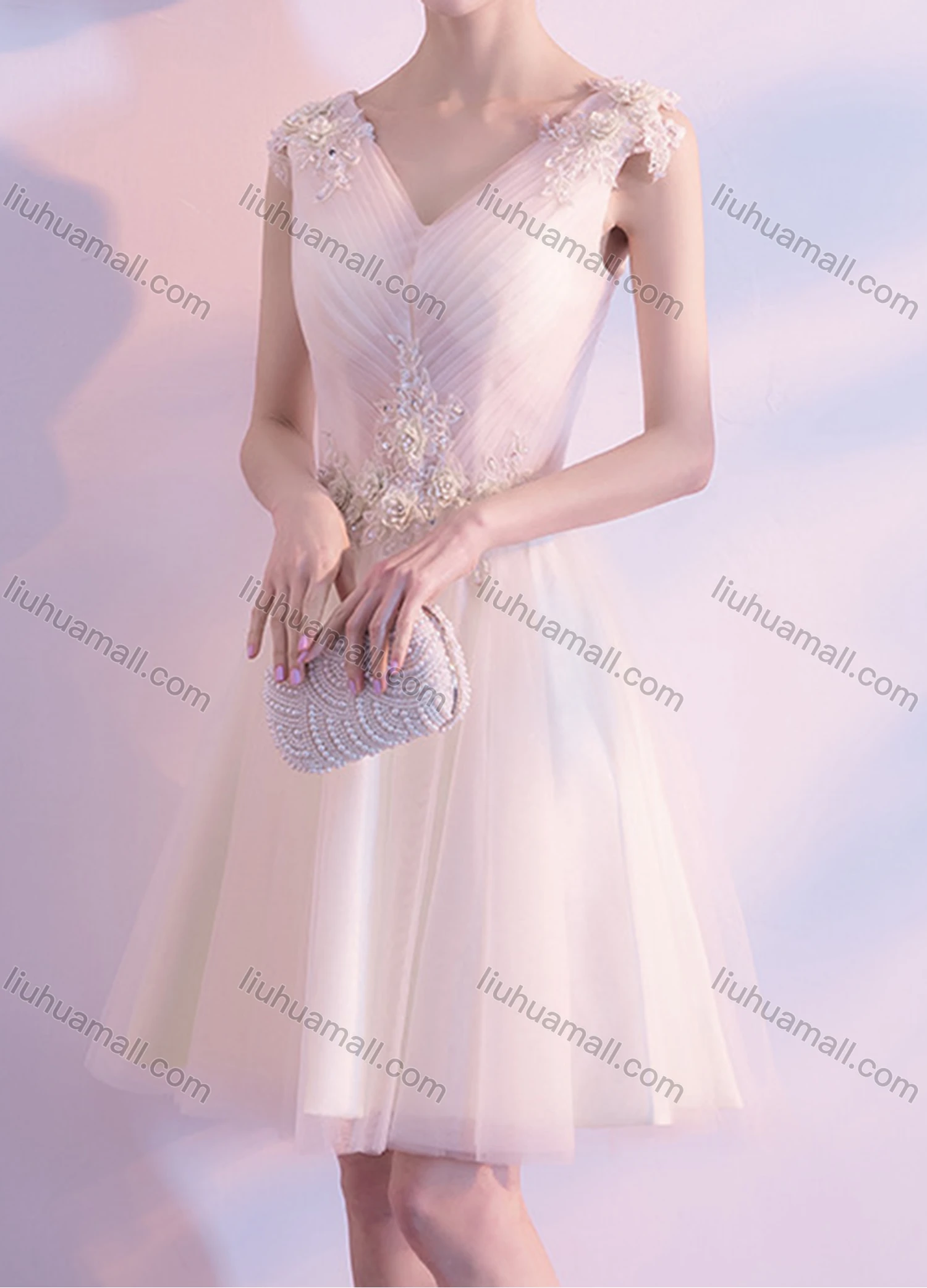Wholesale Women's Elegant Flower Appliques Lace Up V Neck Short Evening Dress - Liuhuamall
