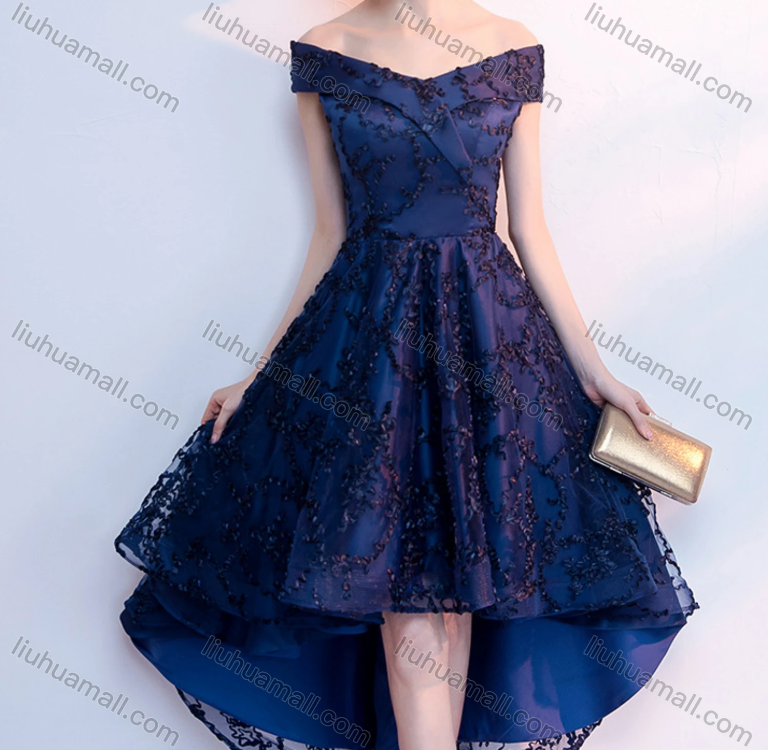 Wholesale Women's Elegant Appliques Off Shoulder High Waist High Low Hem Midi Evening Dress - Liuhuamall