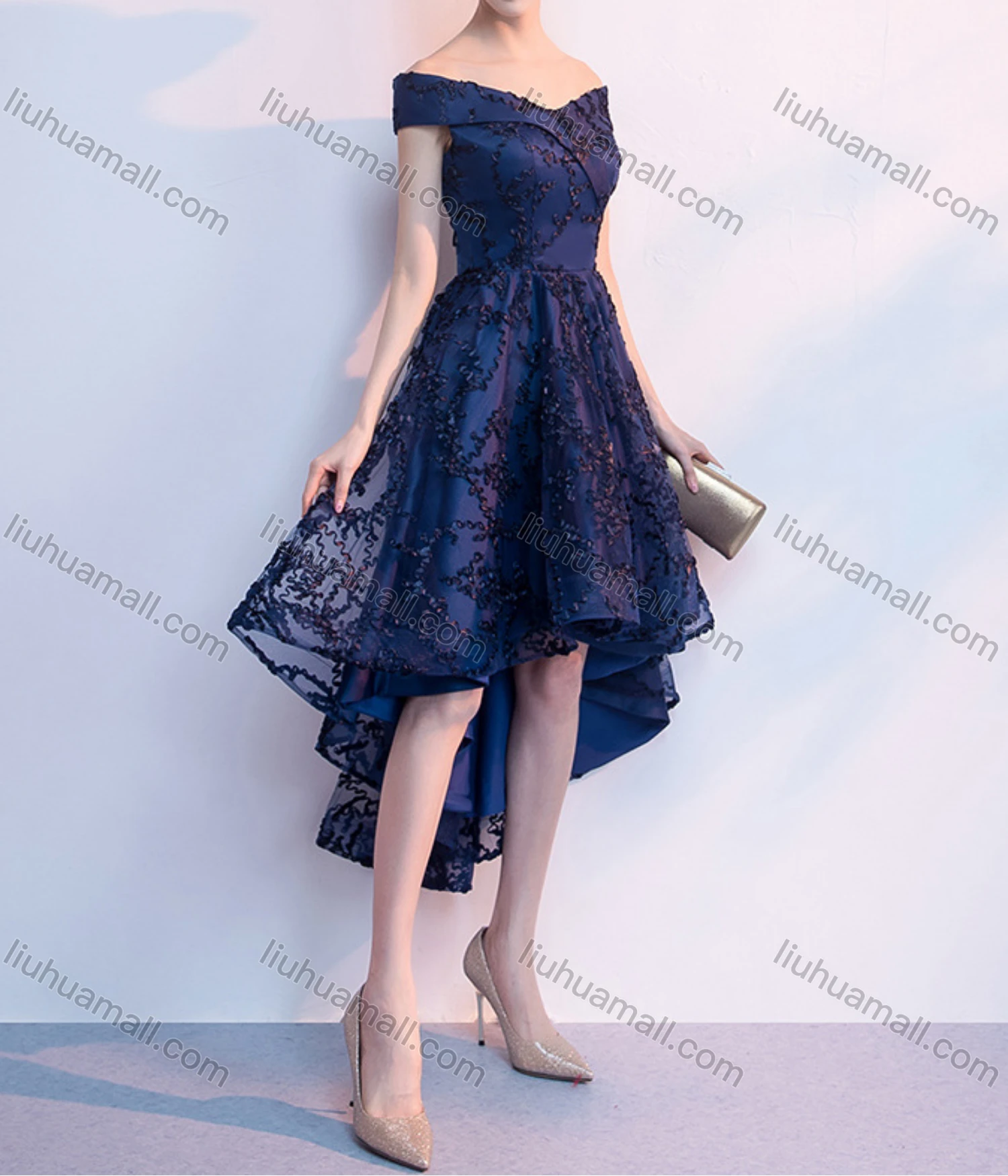 Wholesale Women's Elegant Appliques Off Shoulder High Waist High Low Hem Midi Evening Dress - Liuhuamall