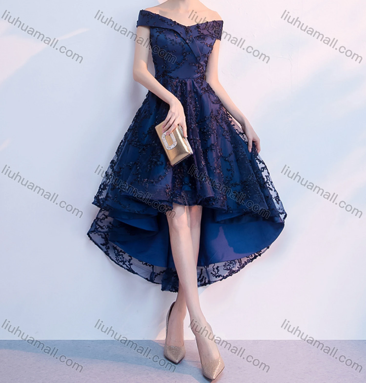 Wholesale Women's Elegant Appliques Off Shoulder High Waist High Low Hem Midi Evening Dress - Liuhuamall