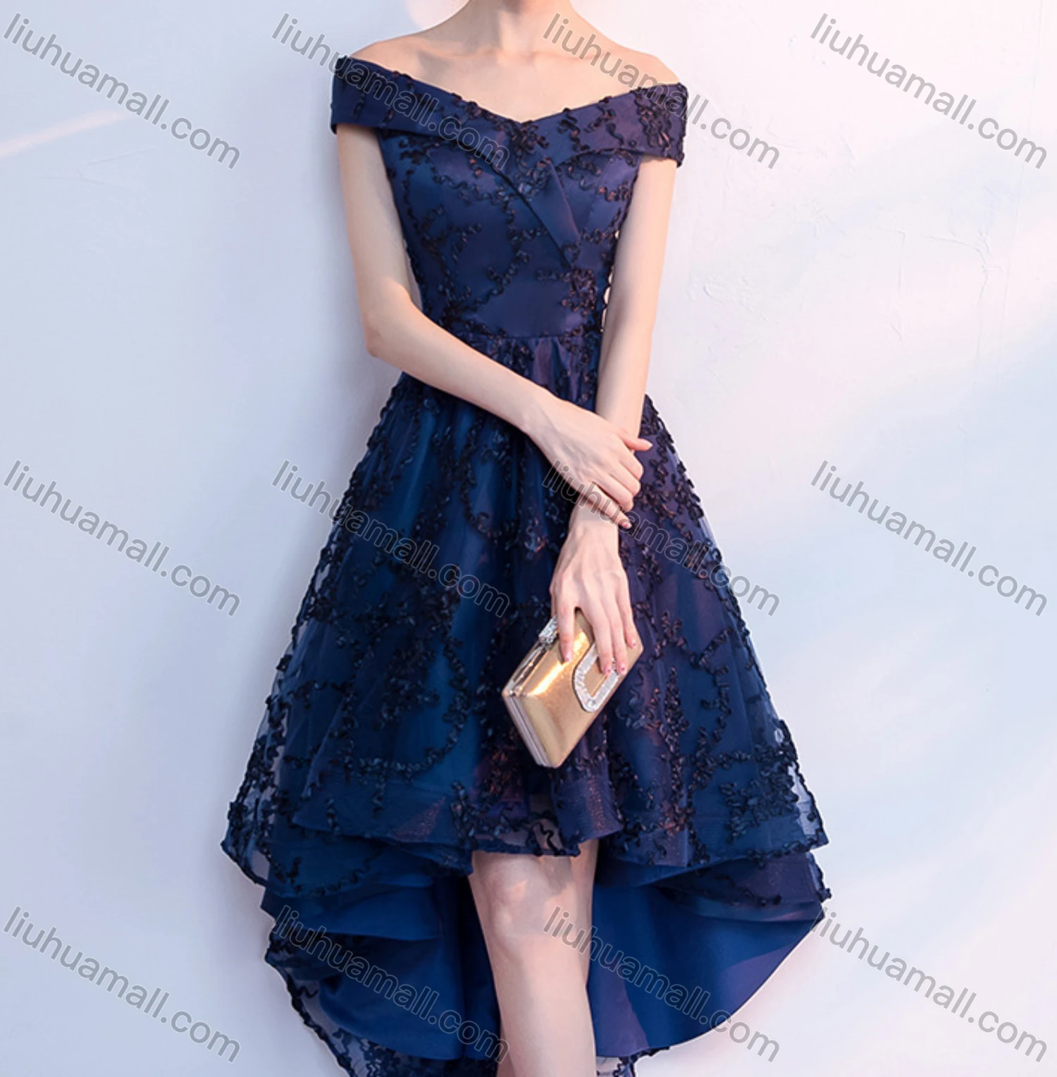 Wholesale Women's Elegant Appliques Off Shoulder High Waist High Low Hem Midi Evening Dress - Liuhuamall