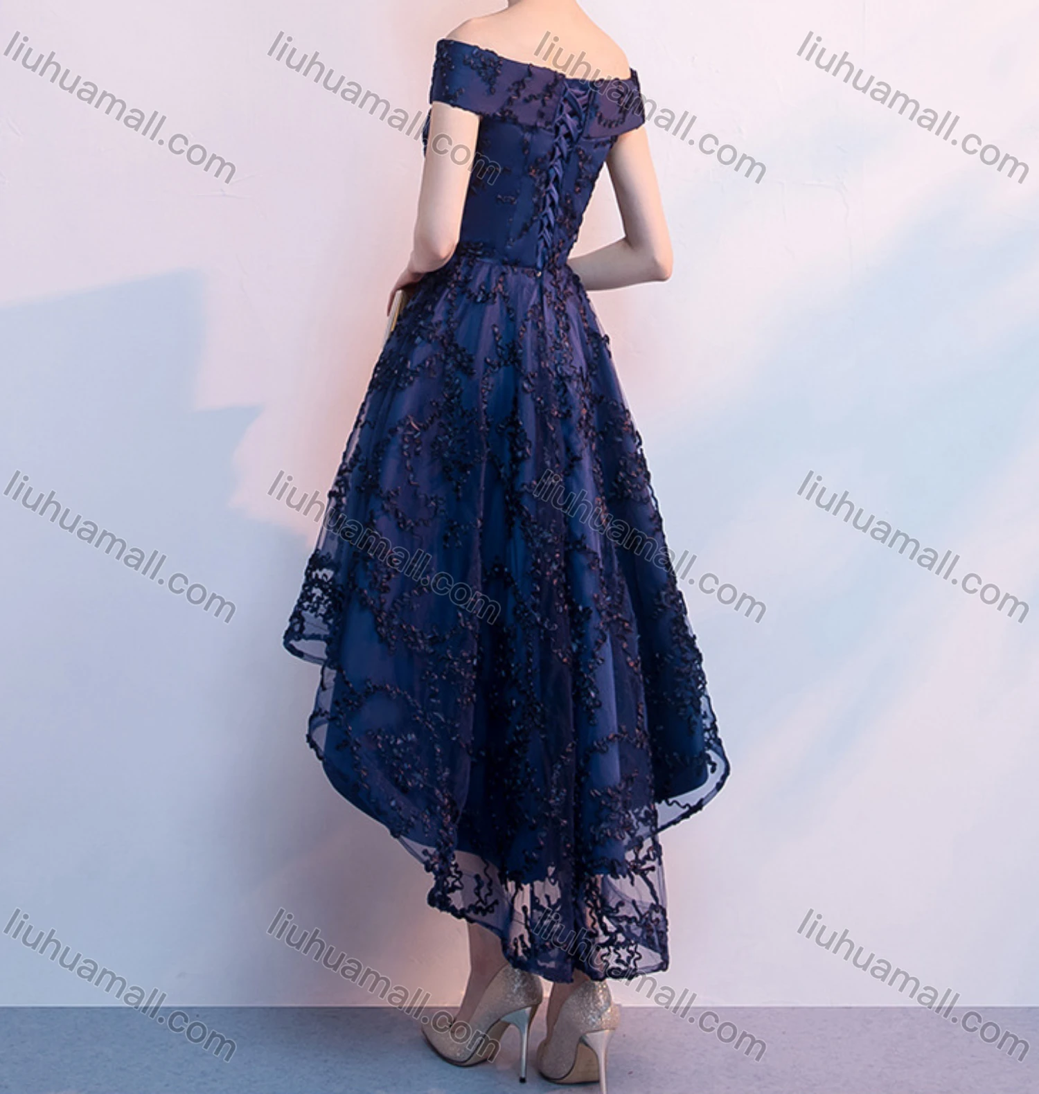 Wholesale Women's Elegant Appliques Off Shoulder High Waist High Low Hem Midi Evening Dress - Liuhuamall