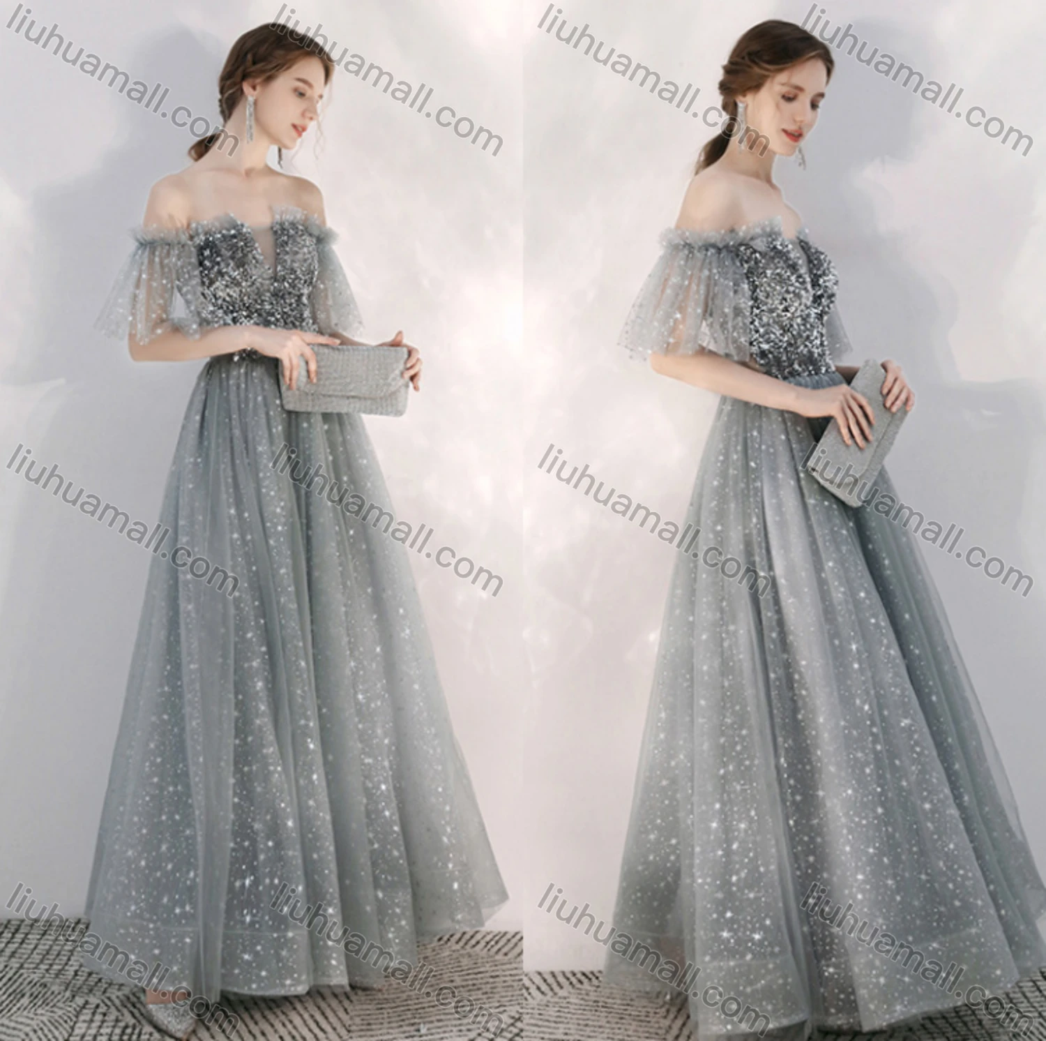 Wholesale Women's Elegant Sequin Off Shoulder Lace Up High Waist Ruffle Trim Maxi Evening Dress - Liuhuamall