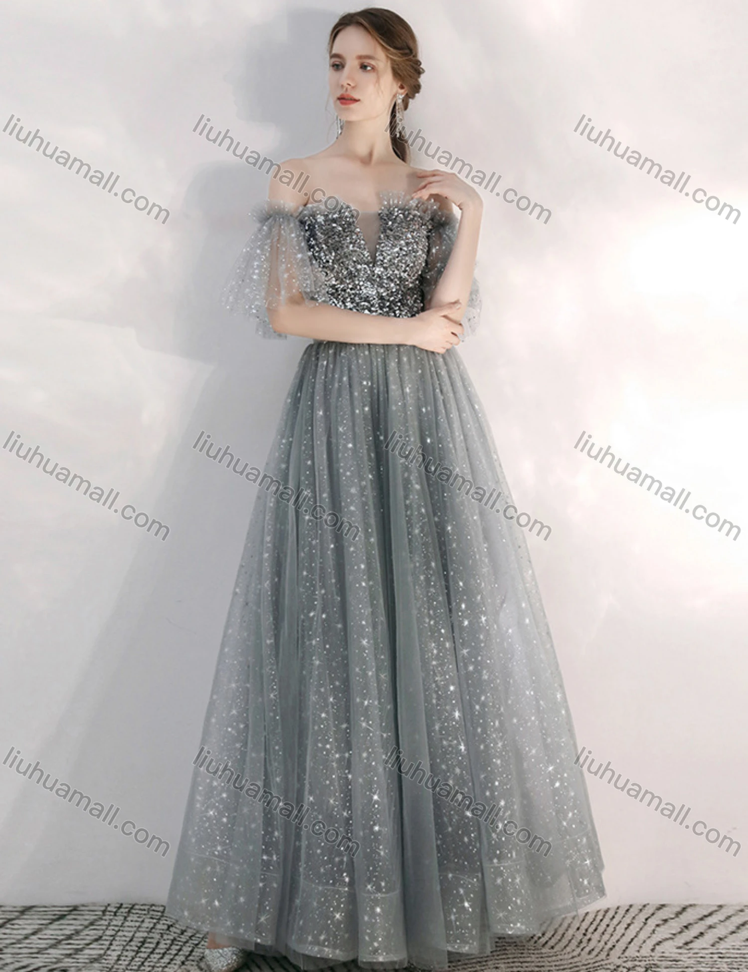 Wholesale Women's Elegant Sequin Off Shoulder Lace Up High Waist Ruffle Trim Maxi Evening Dress - Liuhuamall