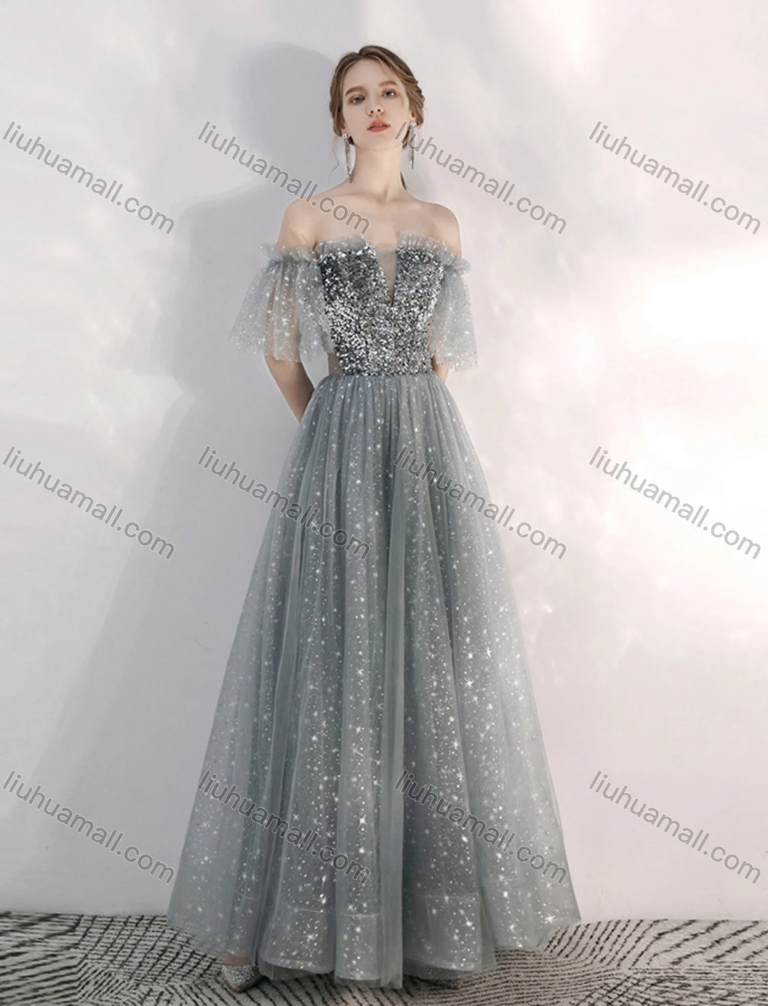 Wholesale Women's Elegant Sequin Off Shoulder Lace Up High Waist Ruffle Trim Maxi Evening Dress - Liuhuamall